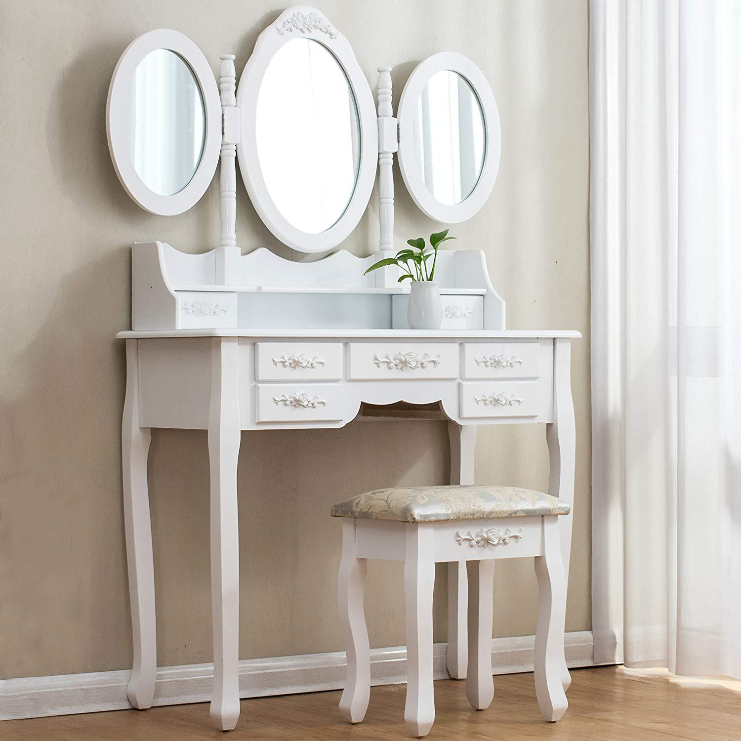 Large White 7 Drawer Vanity Makeup Dressing Table Set With 3 Mirrors And Jacquard Cushioned Stool Shop Designer Home Furnishings