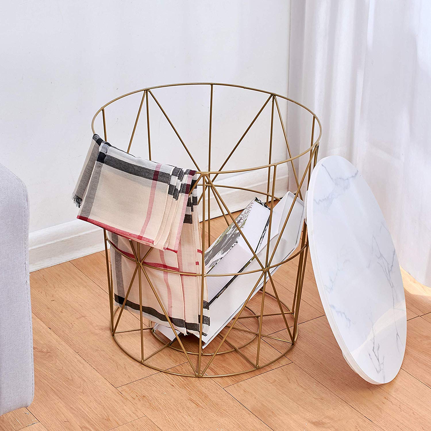 Cherry Tree Furniture KORAM Marble Effect Top Basket Side Table Golden Geometric Wire Frame End Table