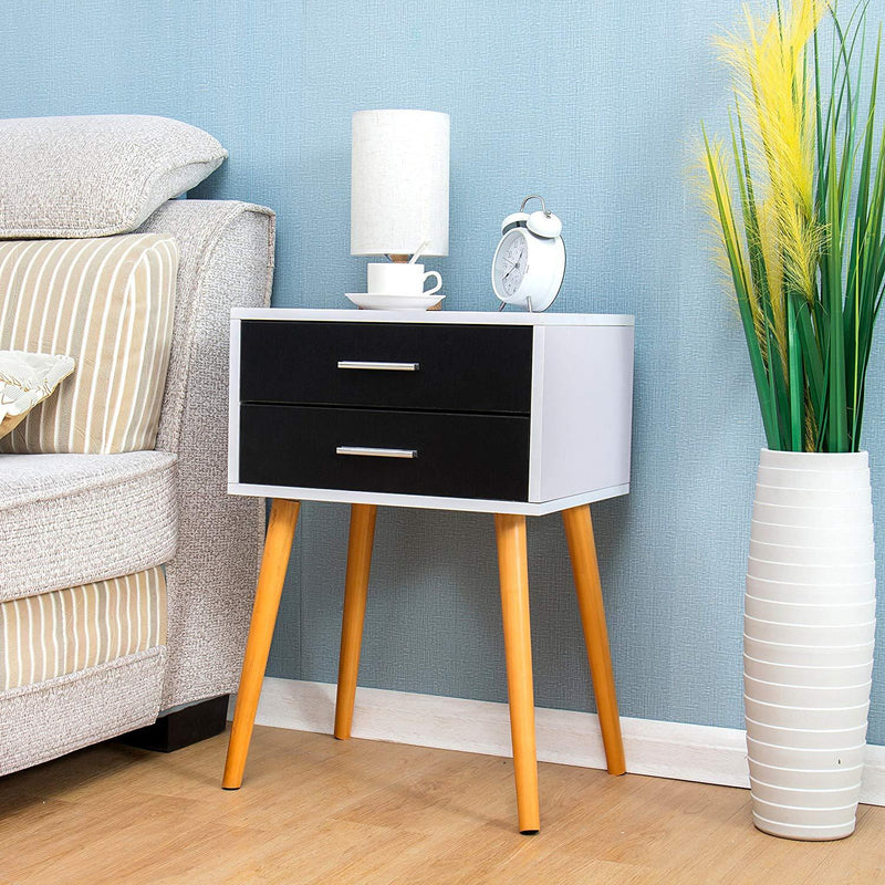 Black & White 2-Drawer Bedside Table Nightstand Cabinet with Solid Wood