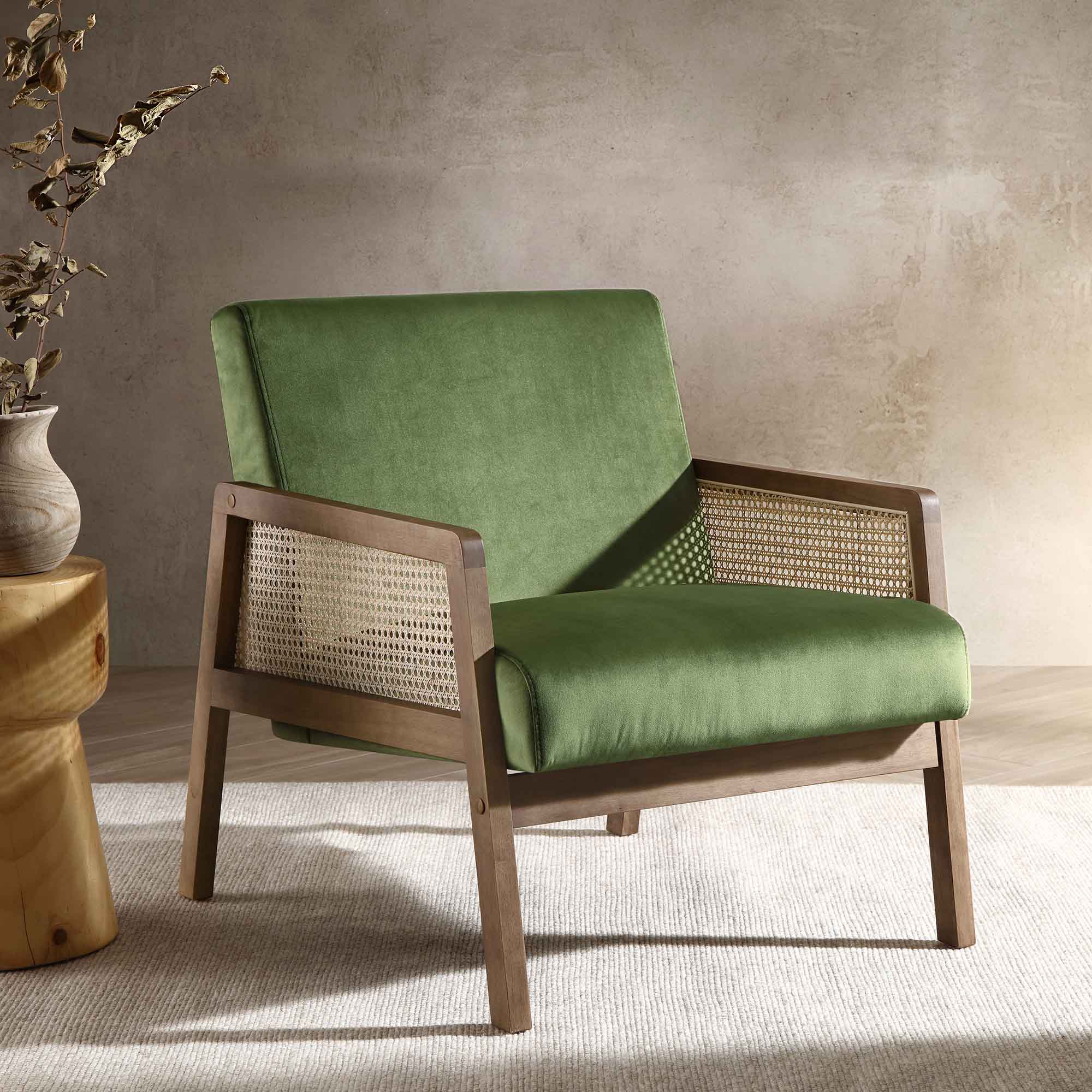 Fyne Moss Green Velvet Walnut Frame Rattan Armchair