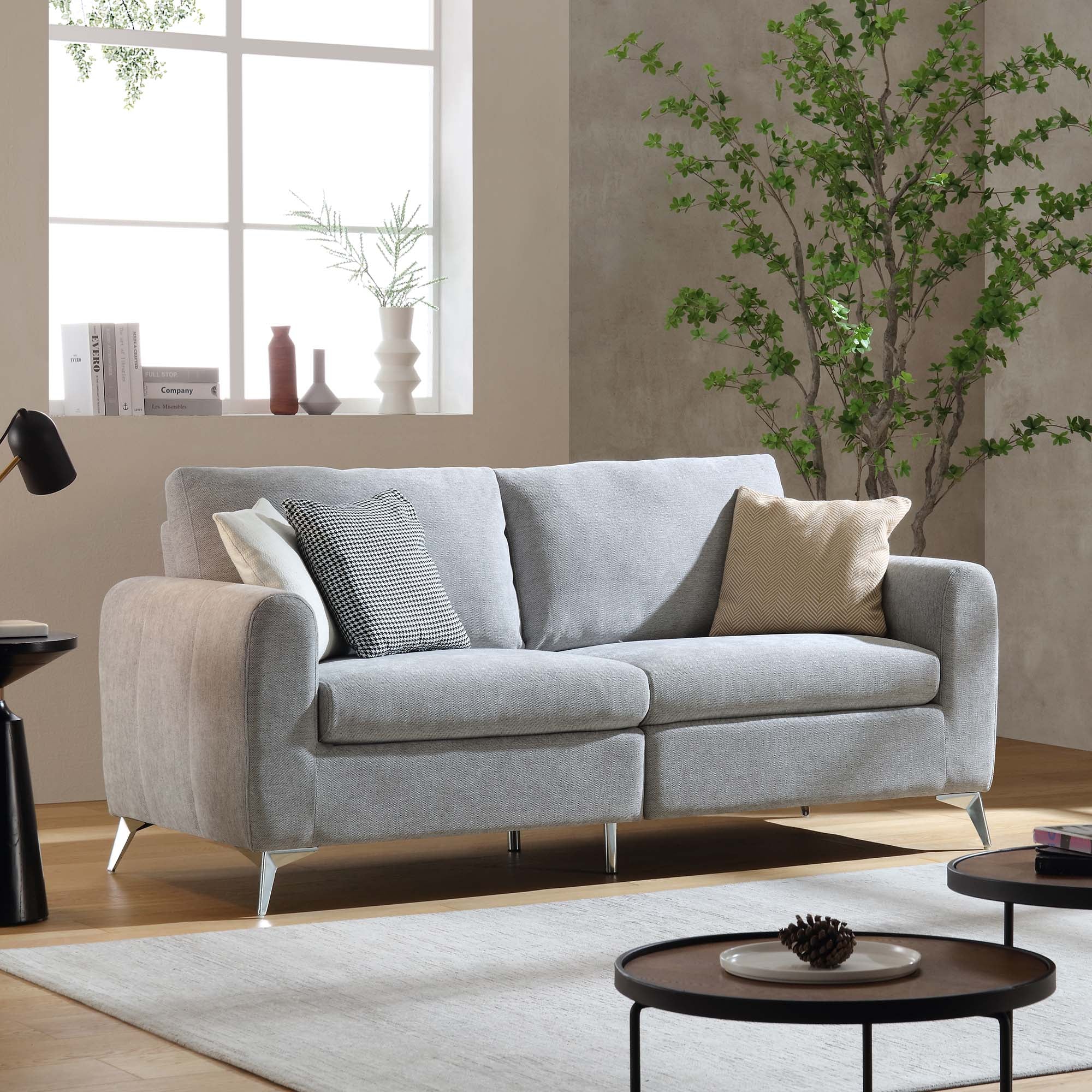 Noak 3-Seater Grey Woven Fabric Sofa with Chrome Legs