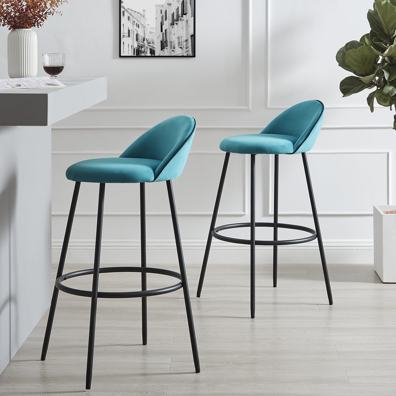 Barton Set of 2 Blue Velvet Upholstered Bar Stools with Contrast Piping