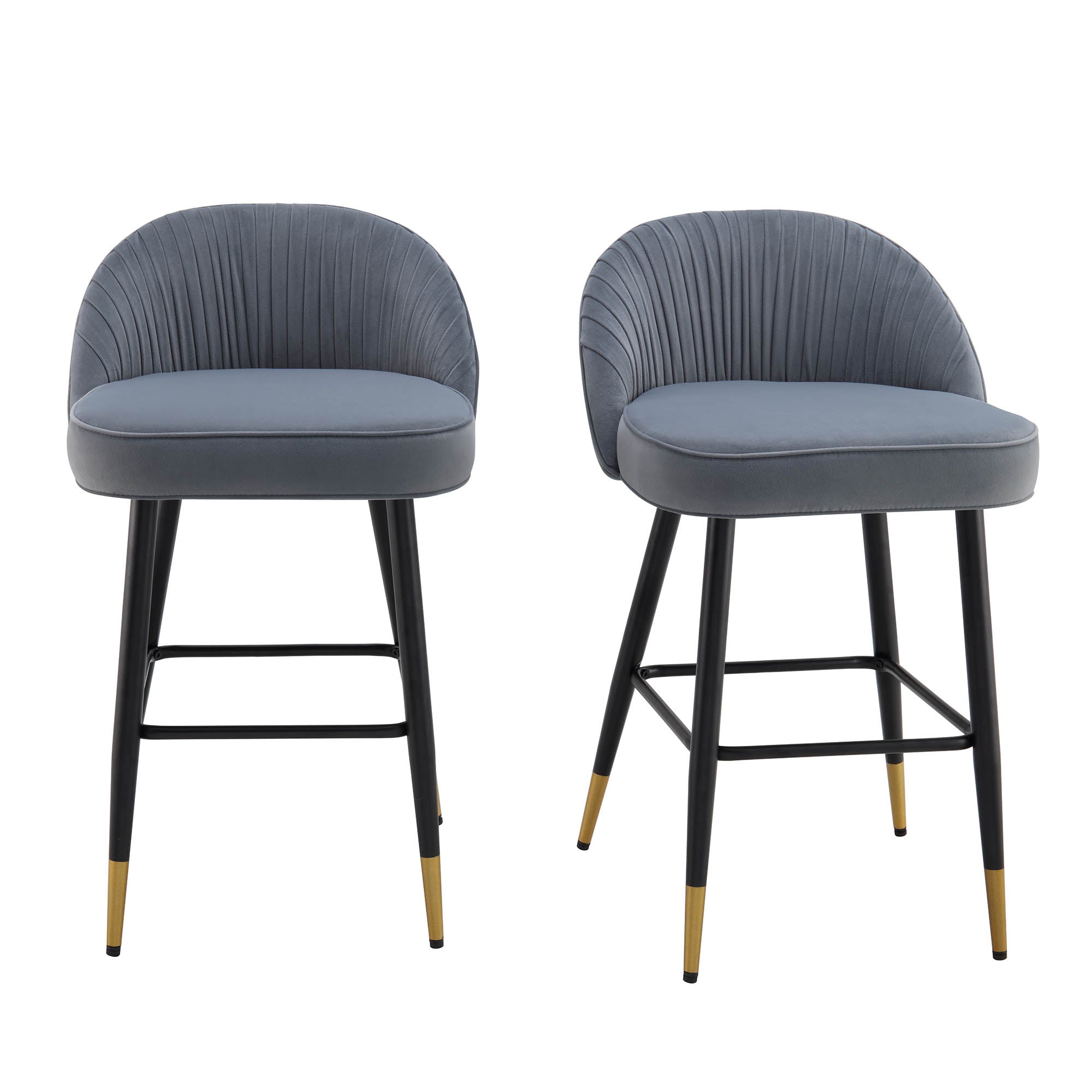 Miyae Set of 2 Pleated Light Grey Velvet Upholstered Counter Stools