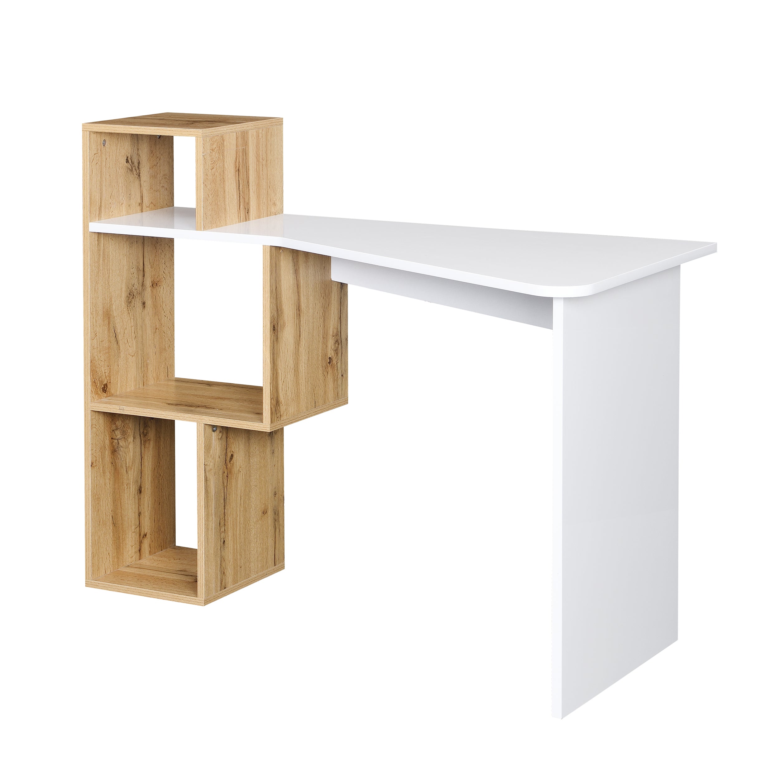 Mason White High Gloss Desk with Oak Effect Shelves | daals