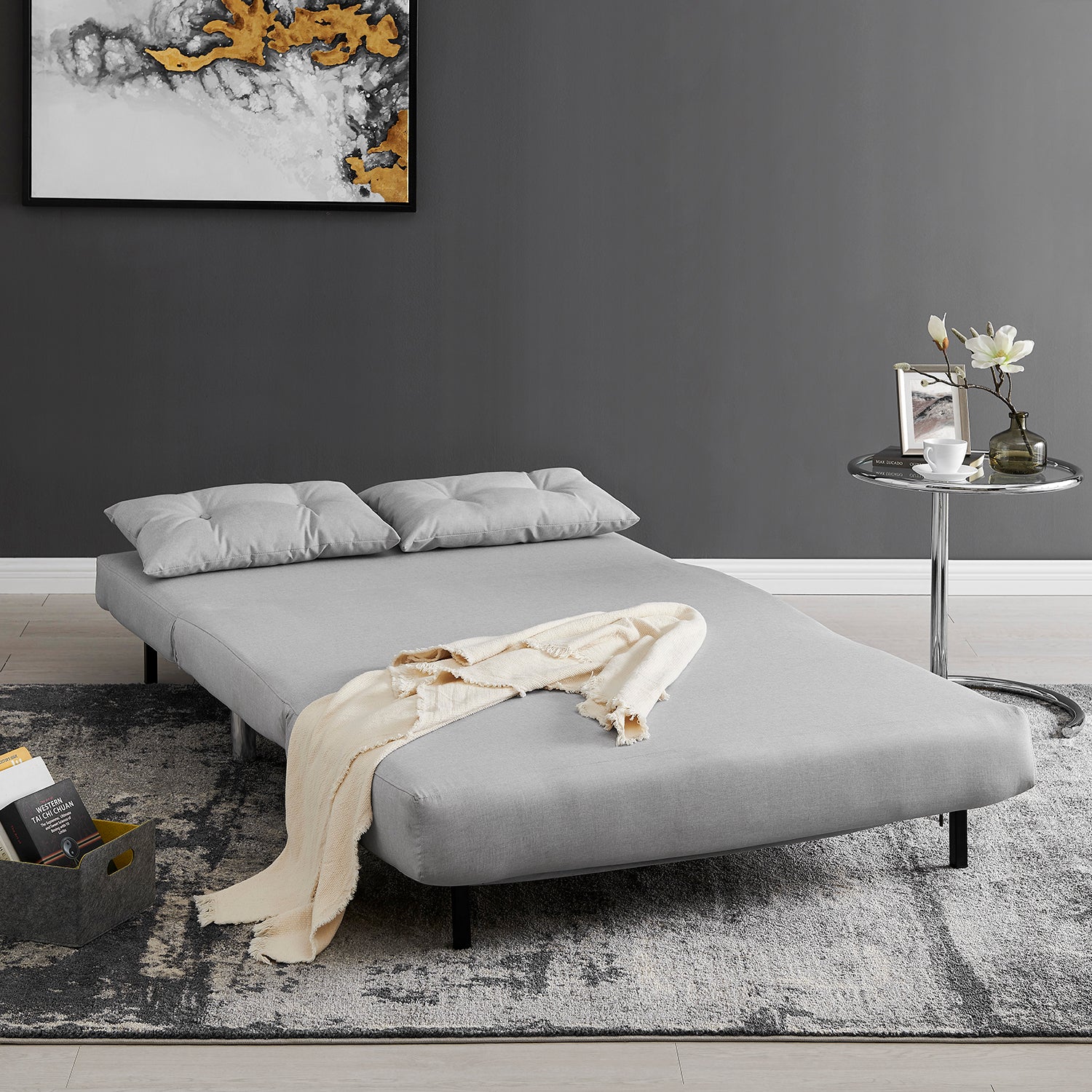 ALGO 2 Seater Small Double Folding Sofa Bed With Cushion Grey Fabric   D021B GREYFAB 1 2000x2000 