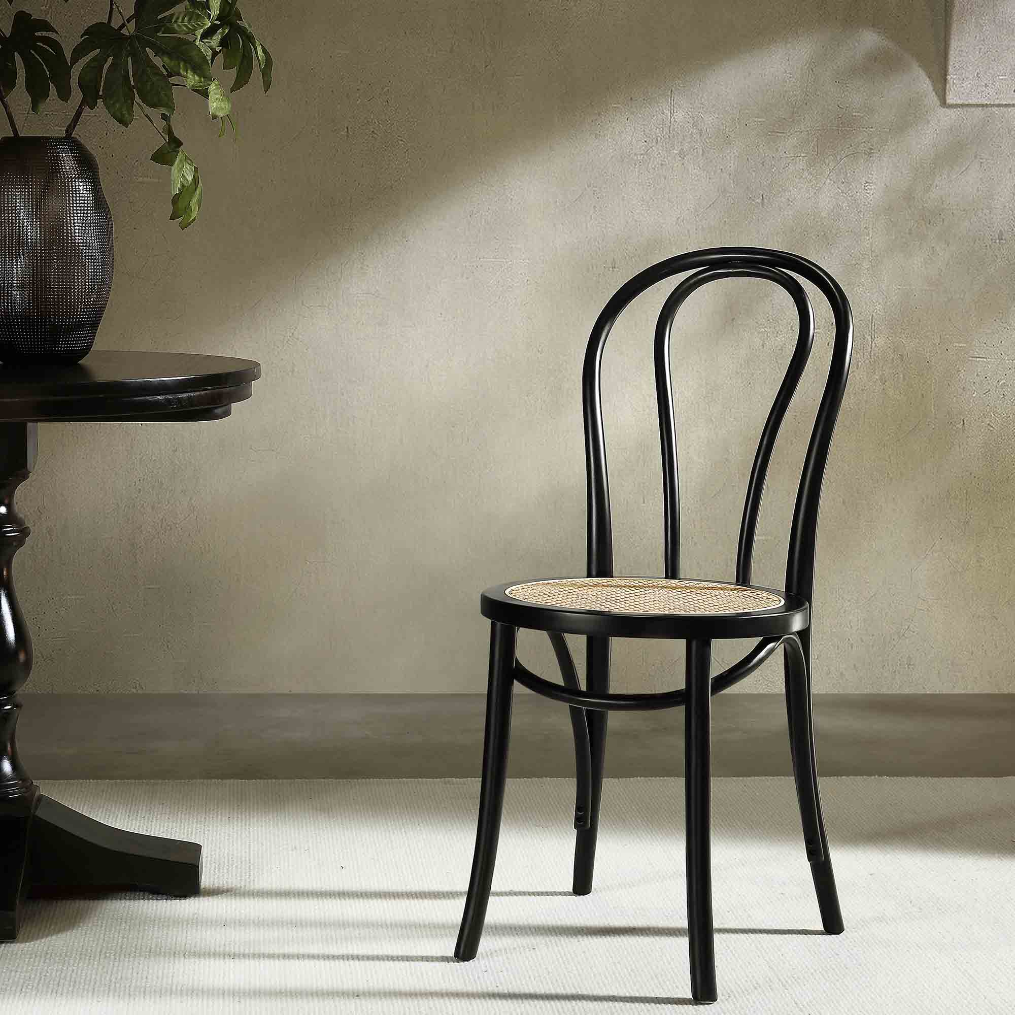 Camille Elm Wood and Rattan Bentwood Dining Chair, Black