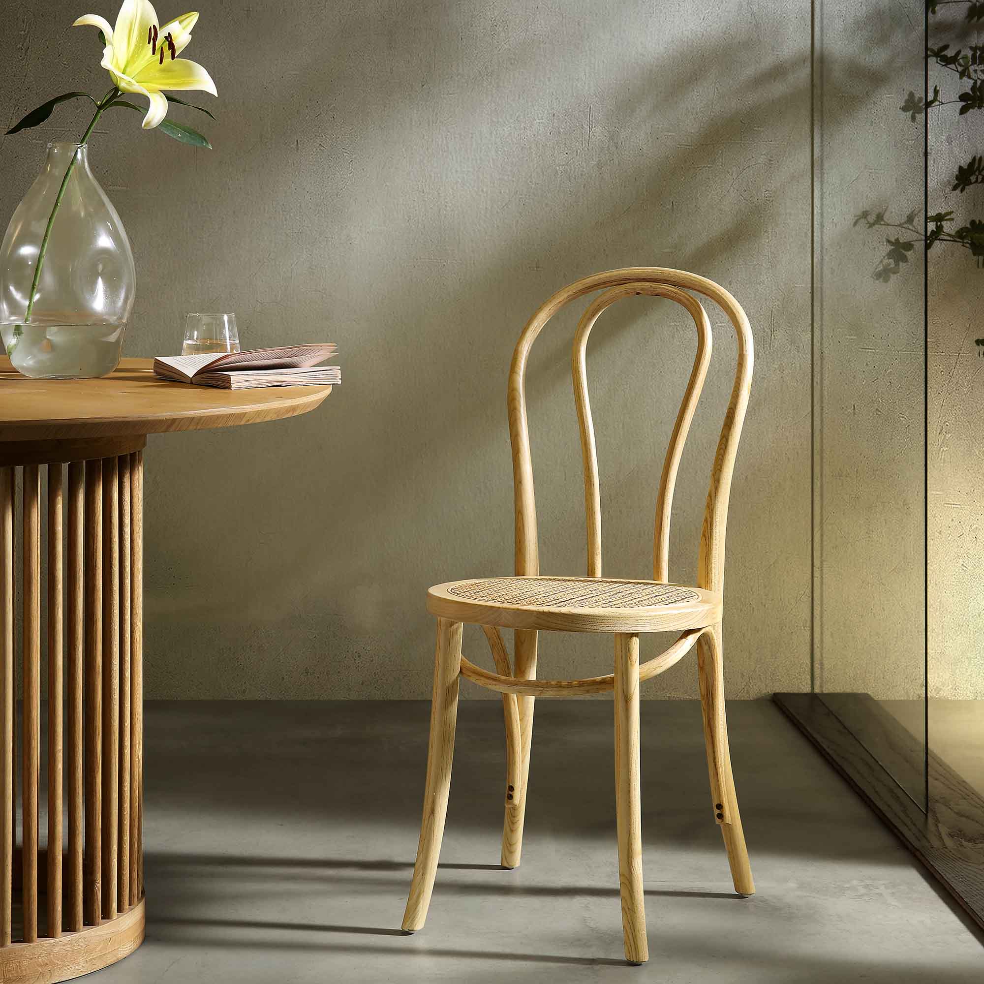 Camille Elm Wood and Rattan Bentwood Dining Chair, Natural