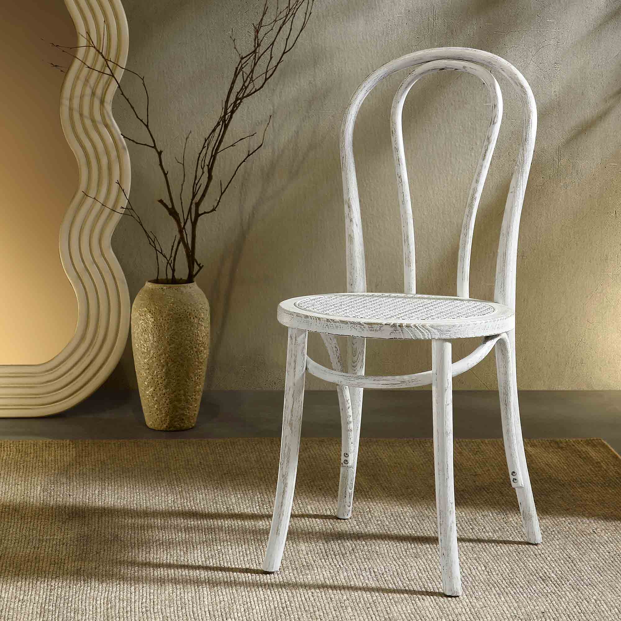 Camille Elm Wood and Rattan Bentwood Dining Chair, Distressed White