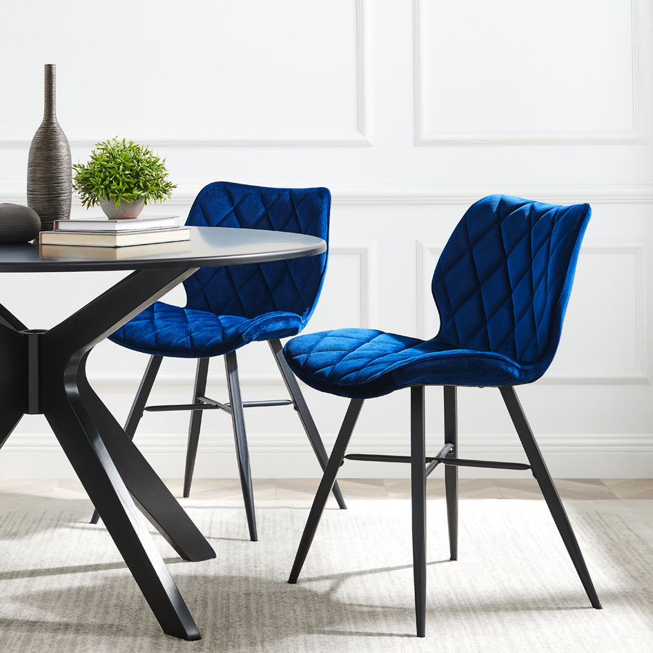 Set of 2 Ampney Velvet Diamond Stitch Dining Chairs with Metal Legs (Blue Velvet)