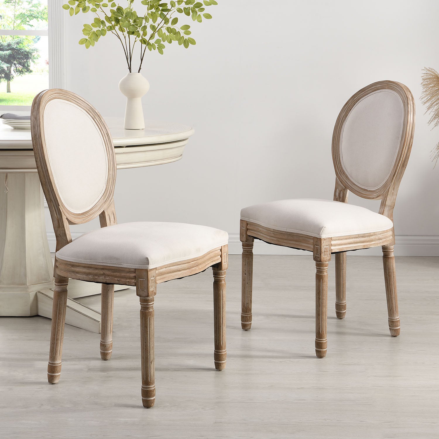 Lainston Set of 2 Classic Limewashed Wooden Dining Chairs, Beige