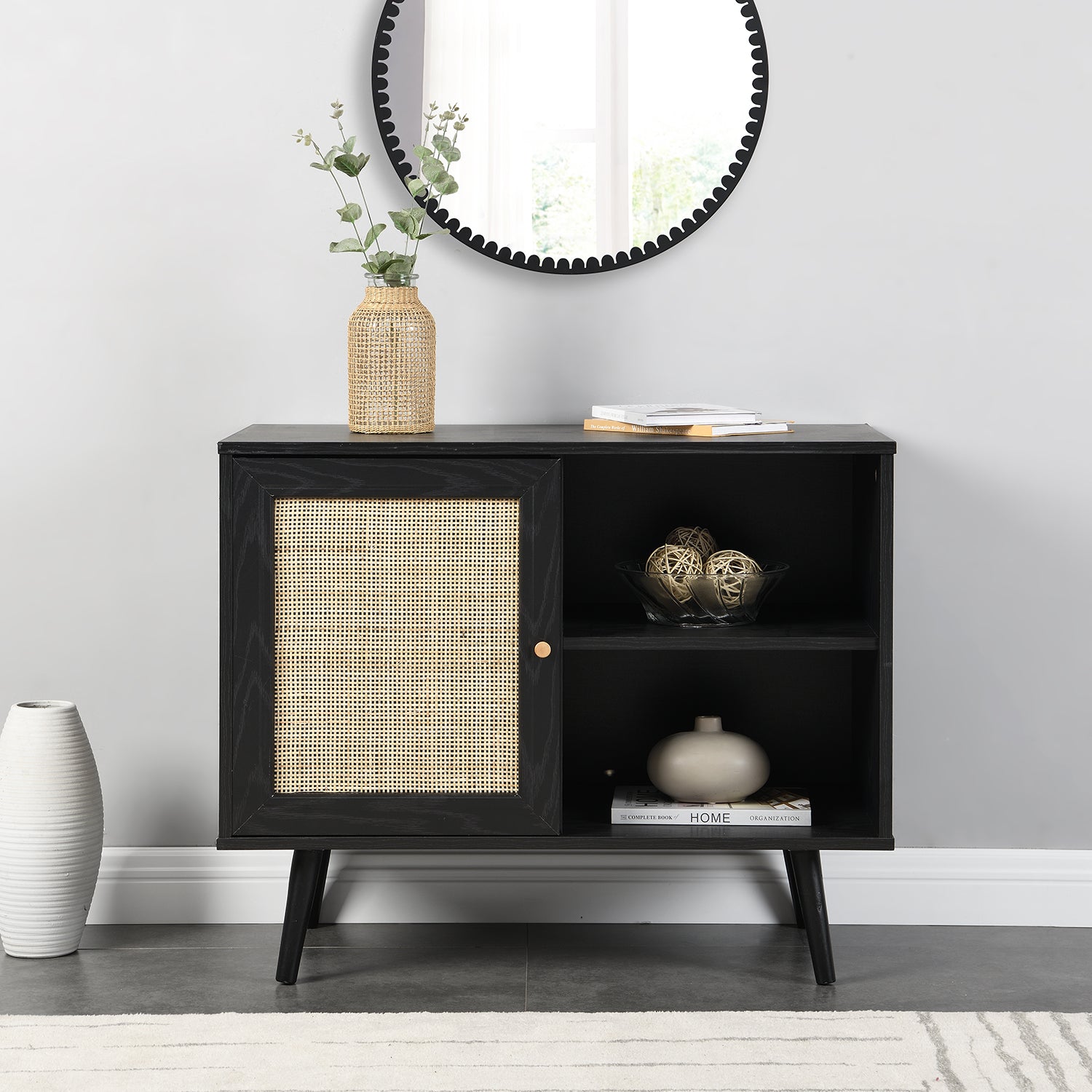 Frances Woven Rattan 1-Door Cabinet in Black