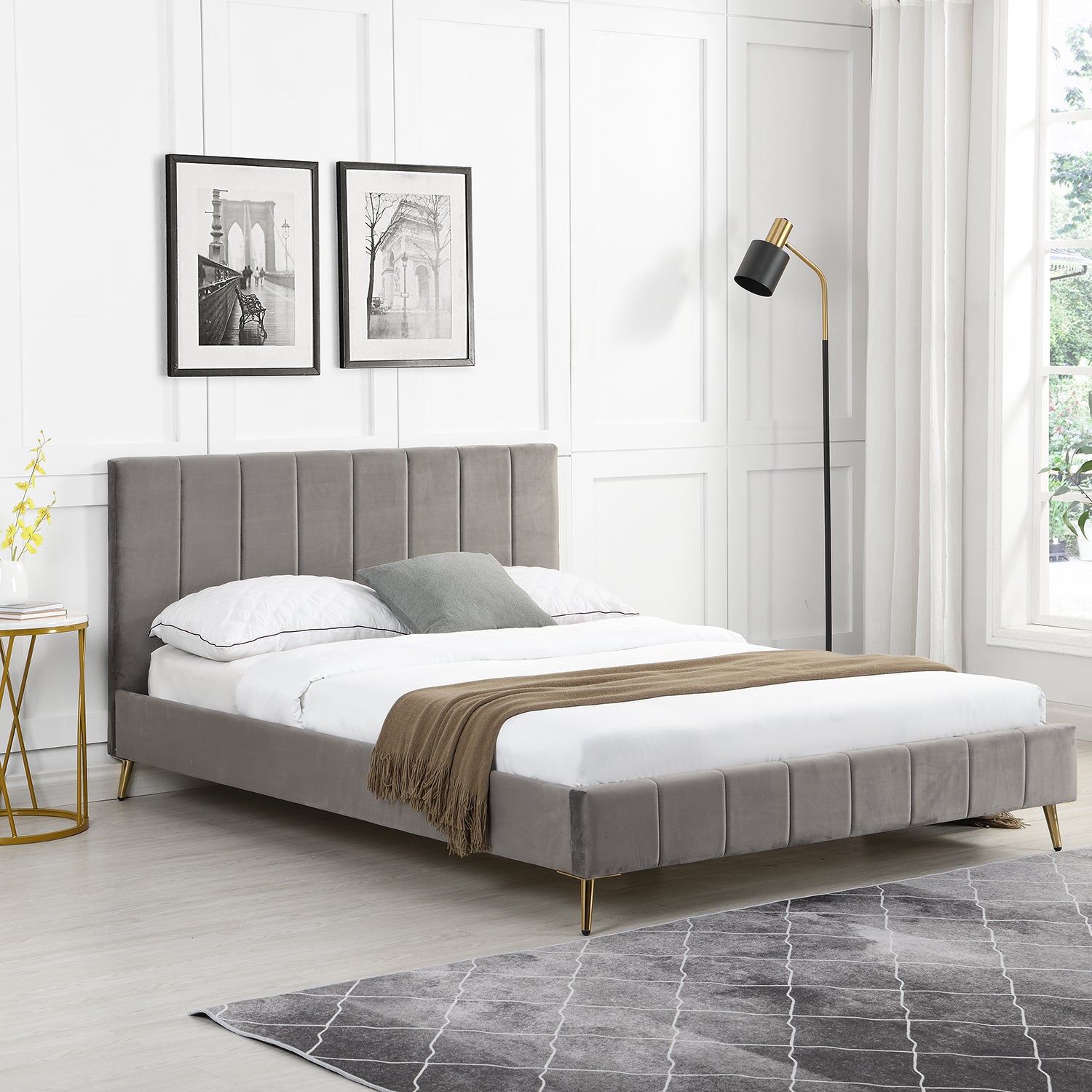 Sylvie Velvet Upholstered Bed Frame With Golden Chrome Legs Grey 6031