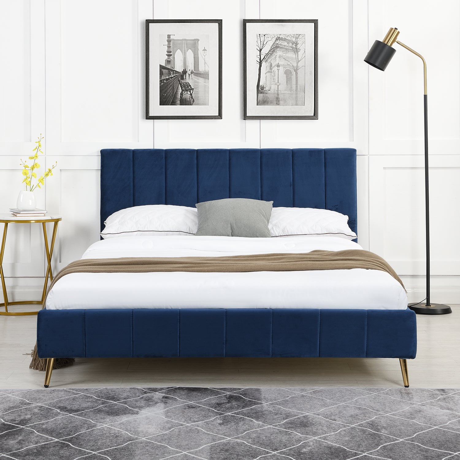 Sylvie Velvet Upholstered Bed Frame With Golden Chrome Legs 2 8592