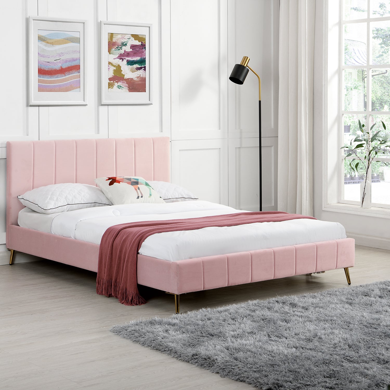 Sylvie Velvet Upholstered Bed Frame With Golden Chrome Legs Pink