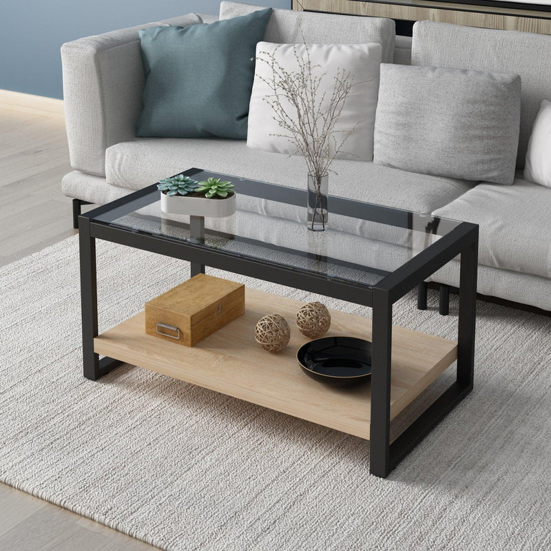 OLYMPIA Coffee Table Glass Top with Steel Frame & Wooden Shelf | Shop