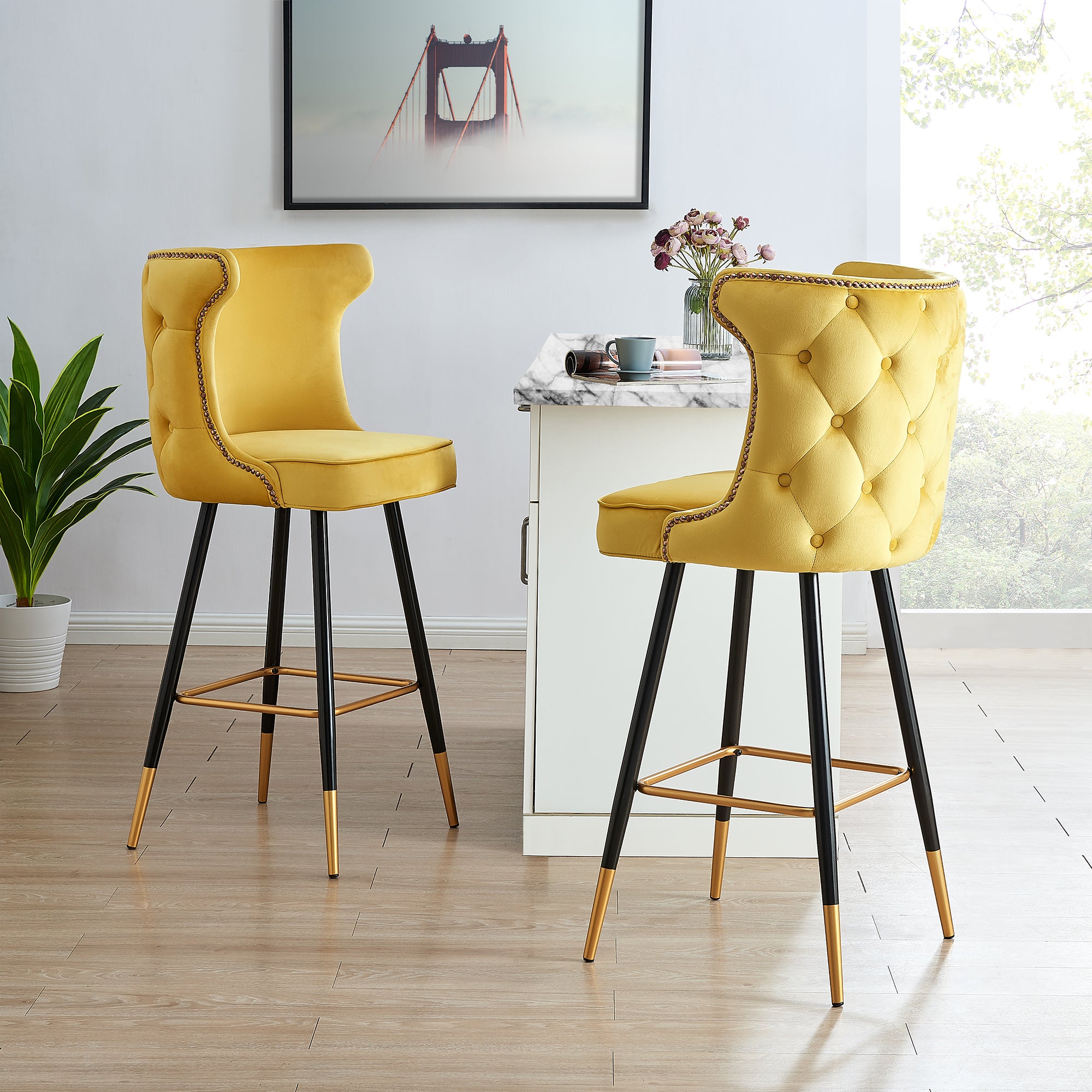 Emory Studded Velvet Bar Stools In Yellow Shop Designer Home Furnishings