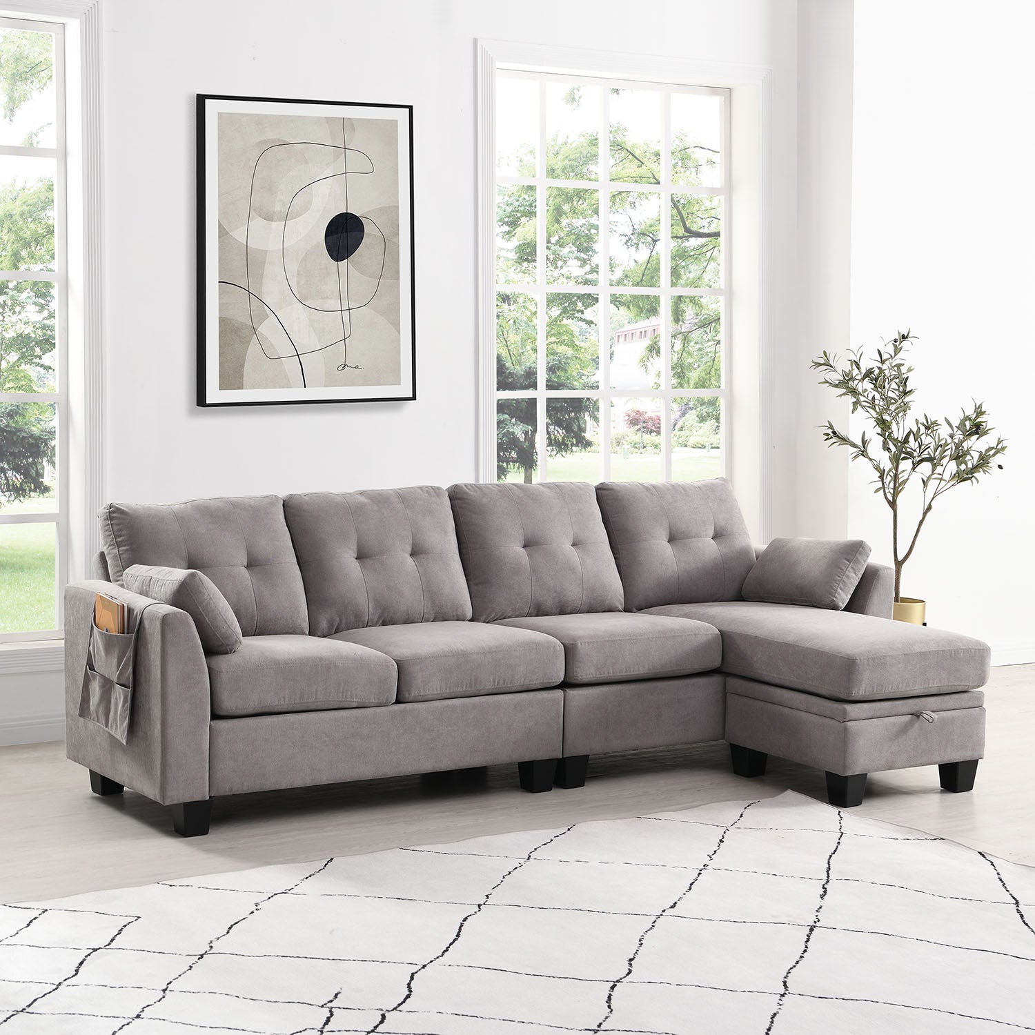 Brunswick Large 4-Seater Storage Chaise Sofa in Light Grey