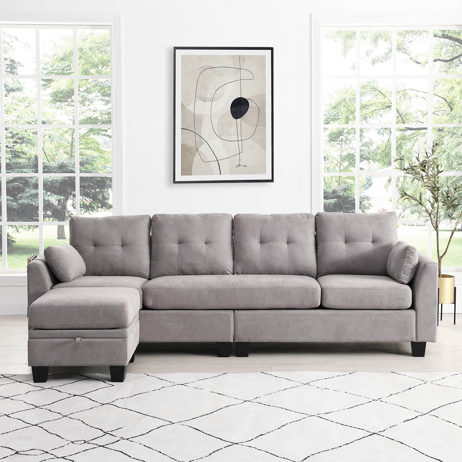 Brunswick Large 4-Seater Storage Chaise Sofa in Light Grey