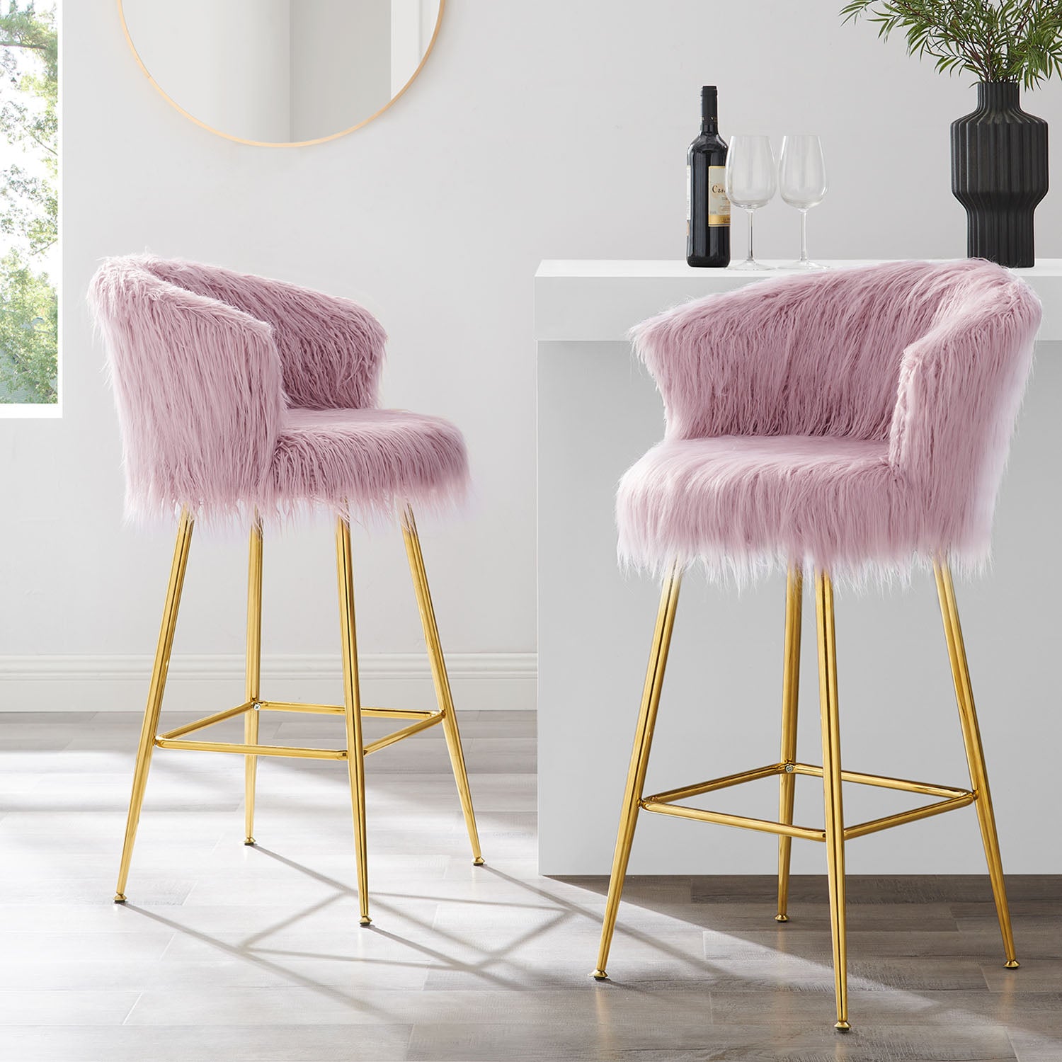 Kylie Set of 2 Pink Plush Shaggy Faux Fur Bar Stools