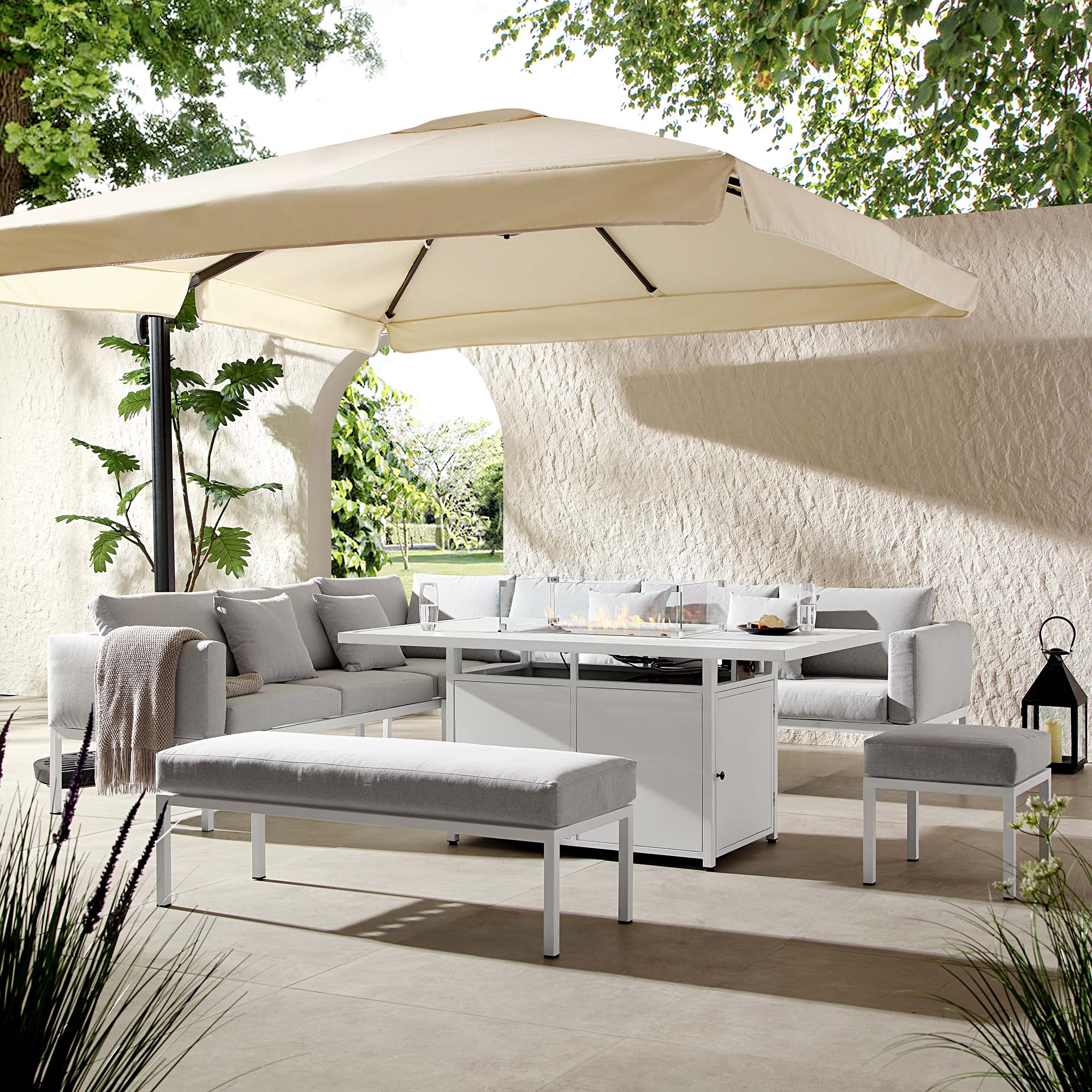 Calabasas Large Outdoor Fabric and Aluminium Corner Casual Dining Set with Firepit Table, Light Grey