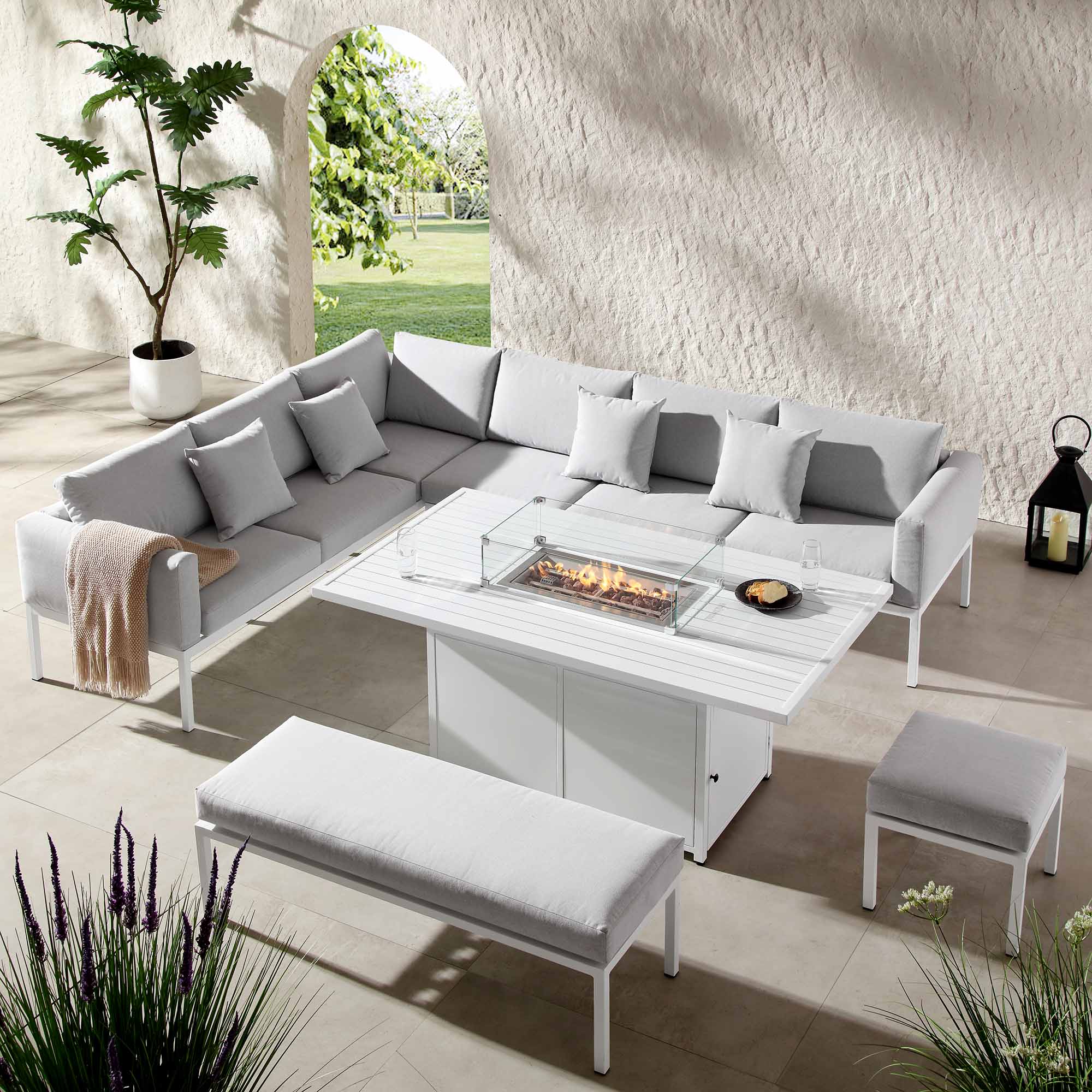 Calabasas Large Outdoor Fabric and Aluminium Corner Casual Dining Set with Firepit Table, Light Grey