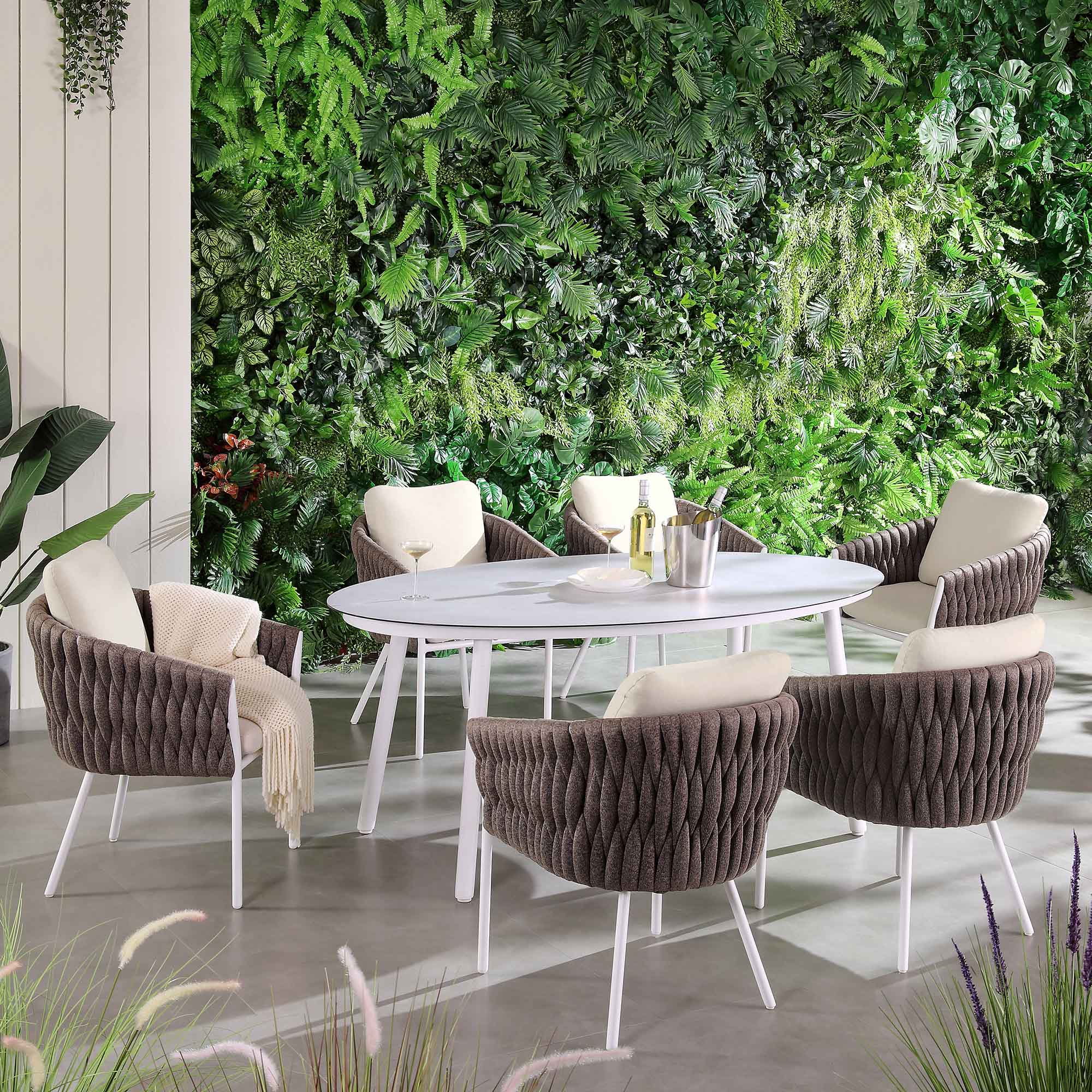 Montebello 6-Seater Outdoor Taupe Rope and Aluminium Oval Dining Set with White Ceramic Dining Table