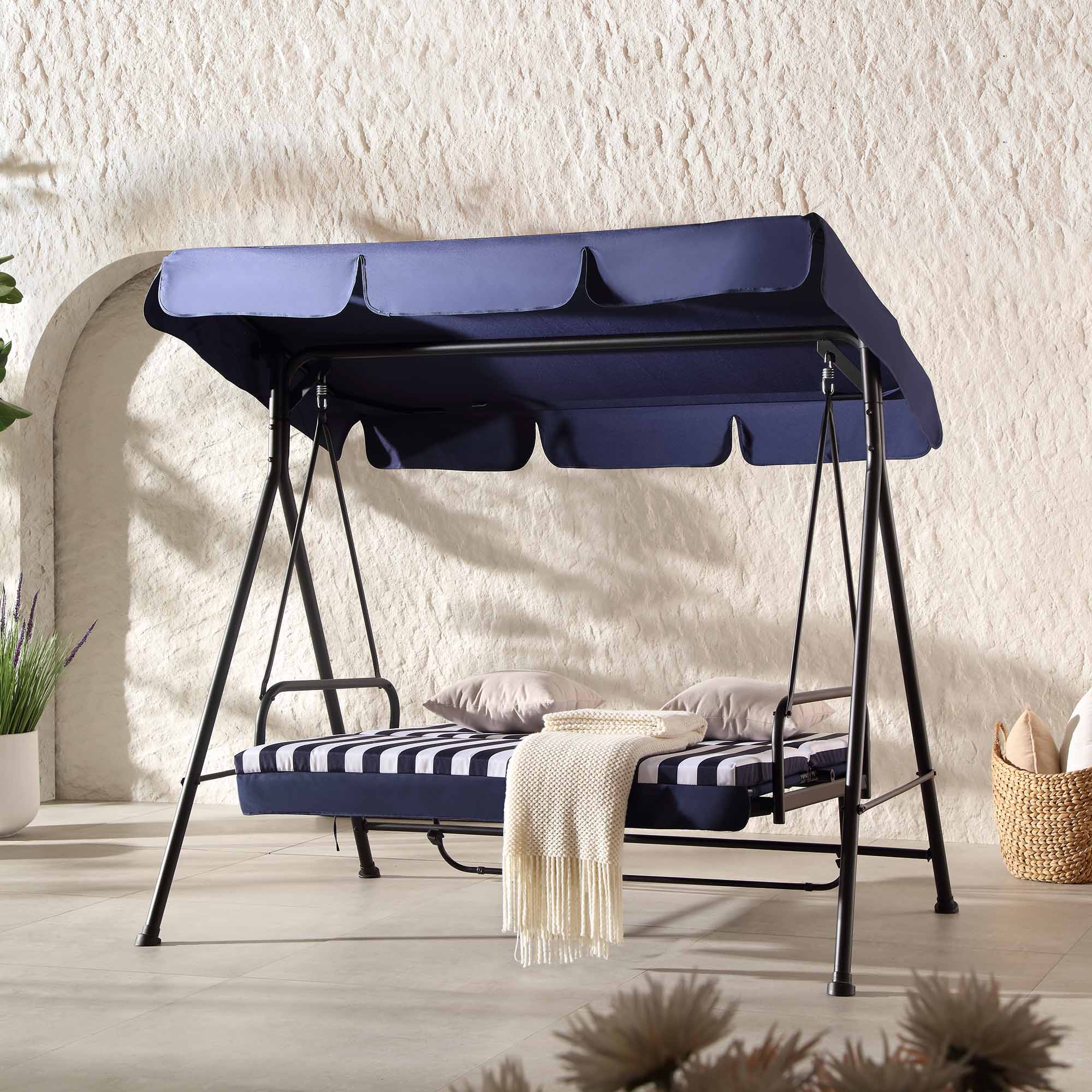 Champneys Outdoor Reclining Swing with Canopy, Blue Striped