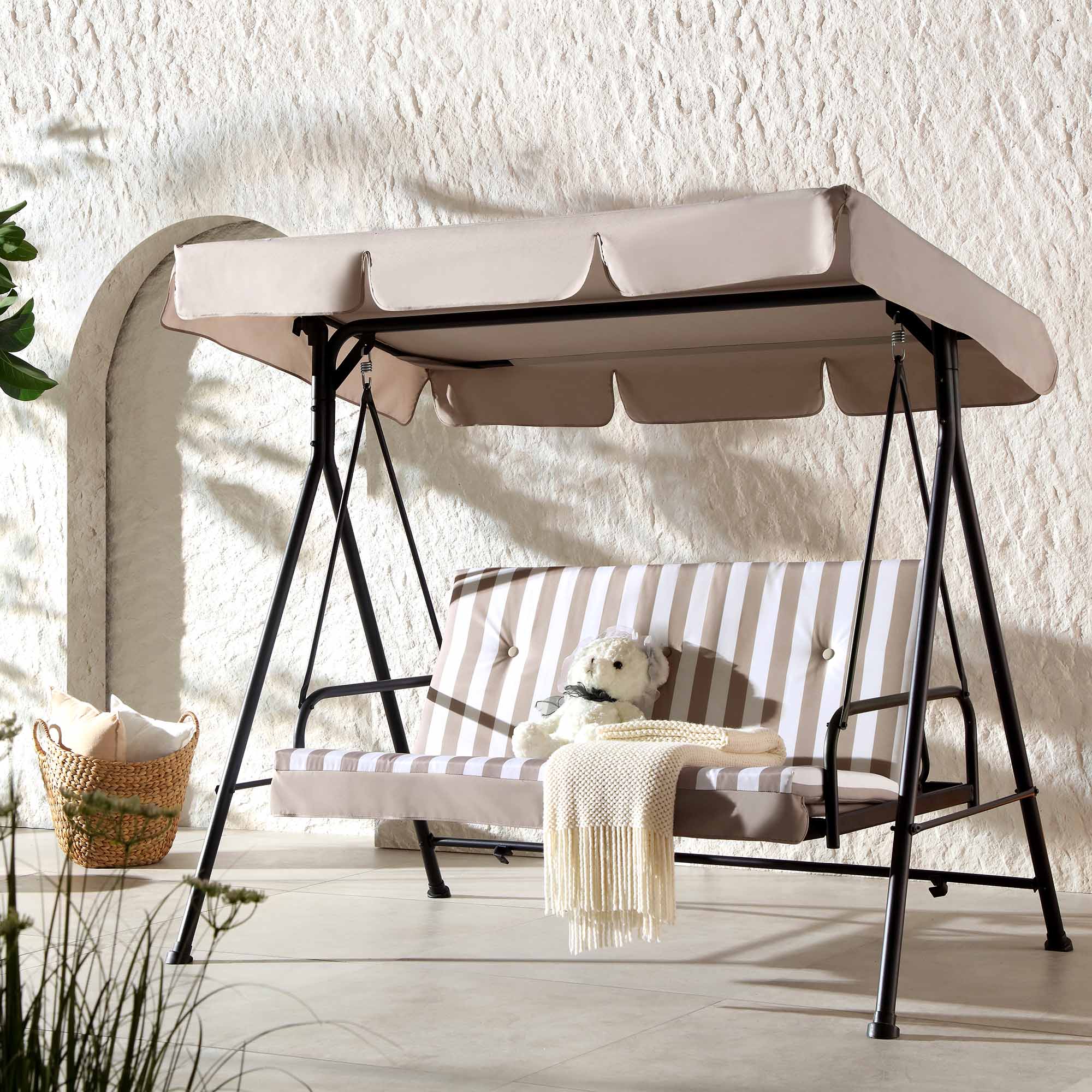 Champneys Outdoor Reclining Swing with Canopy, Taupe Striped