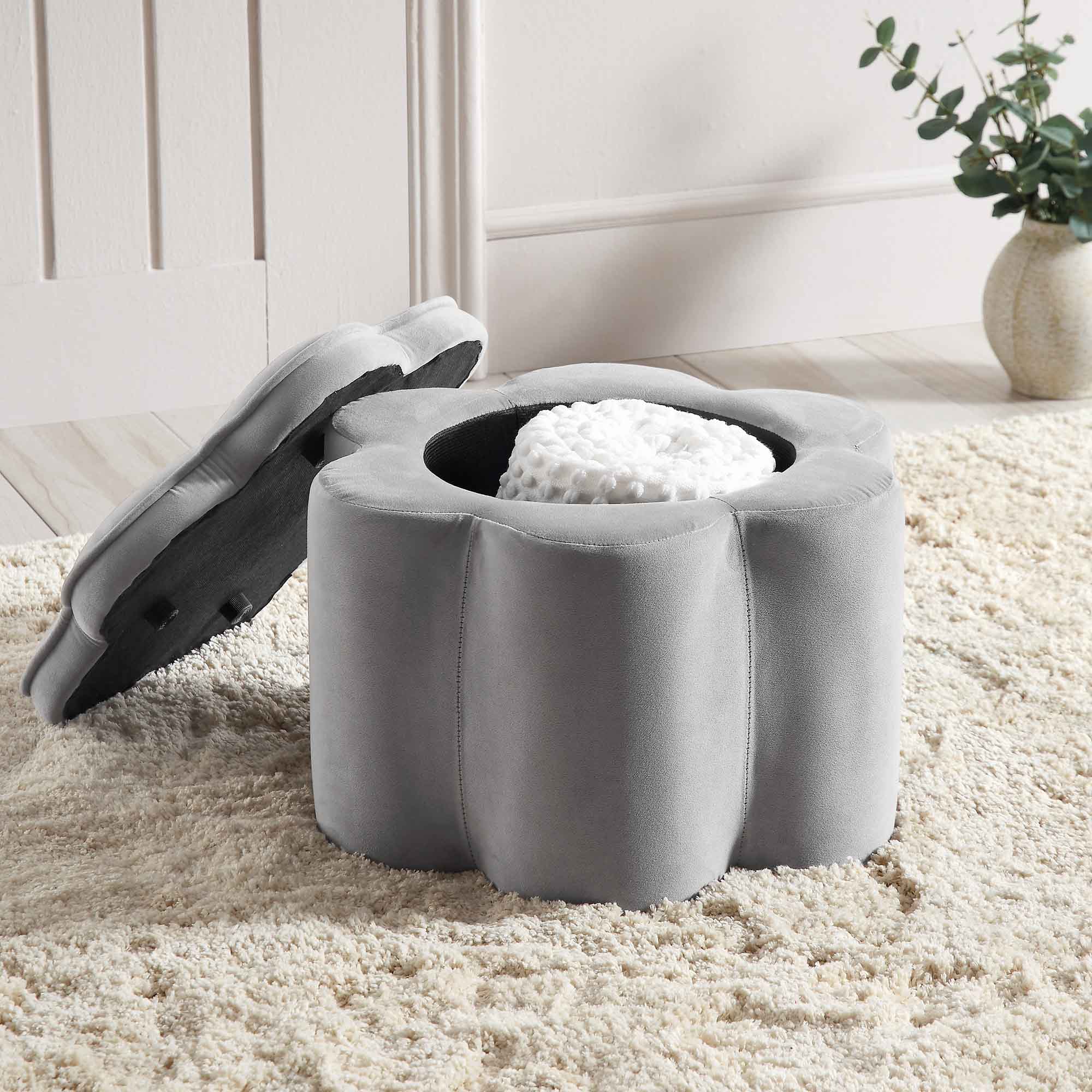 Pollie Grey Velvet Storage Stool