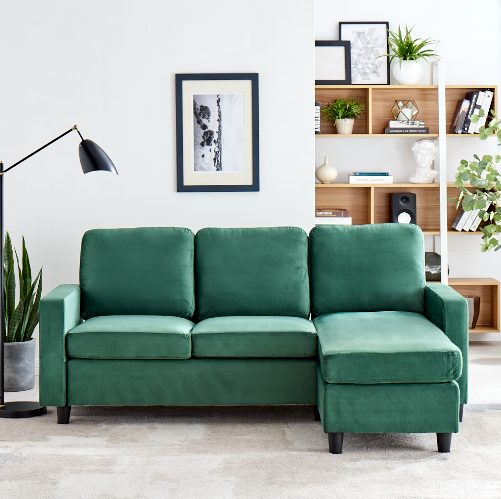 Campbell 3 Seater Sofa with Reversible Chaise in Green Velvet | daals