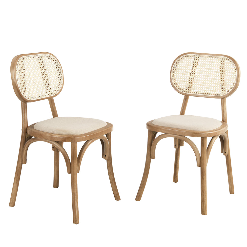 Anya Set of 2 Cane Rattan and Upholstered Dining Chairs, Natural Colour