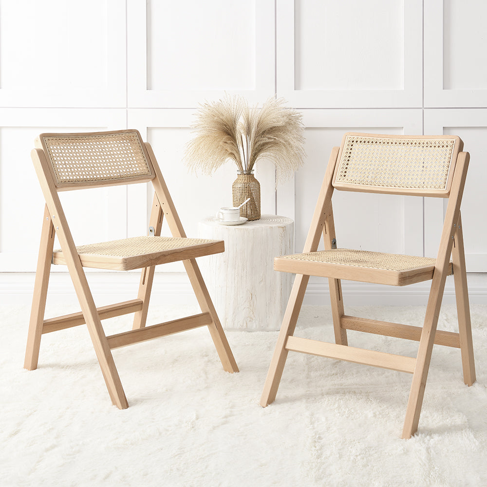 Frances Set of 2 Folding Cane Rattan Chairs, Natural Colour