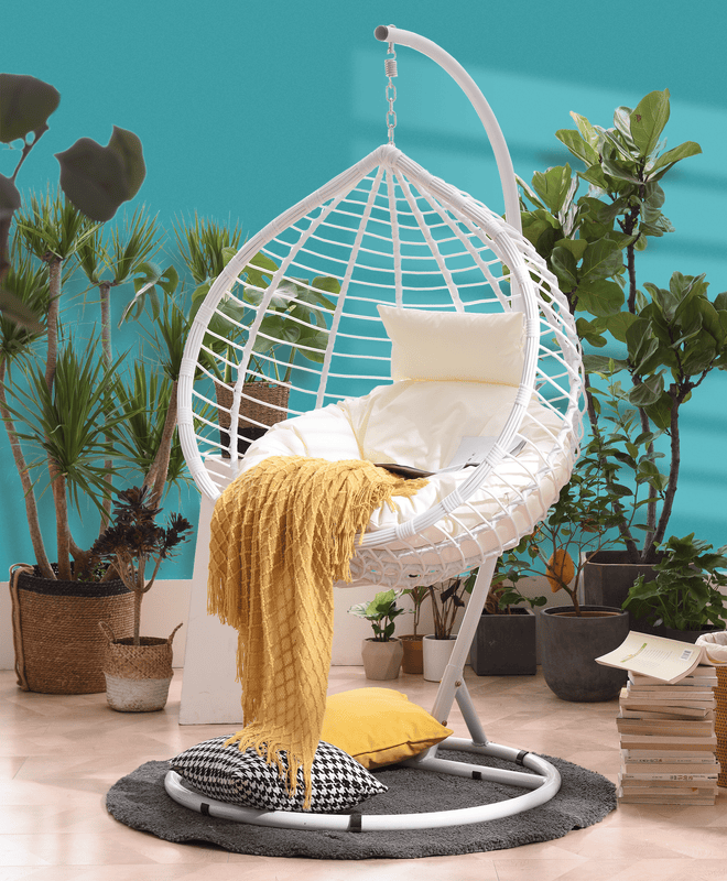 Breeze White Rattan Effect Hanging Egg Chair | Shop Designer Home