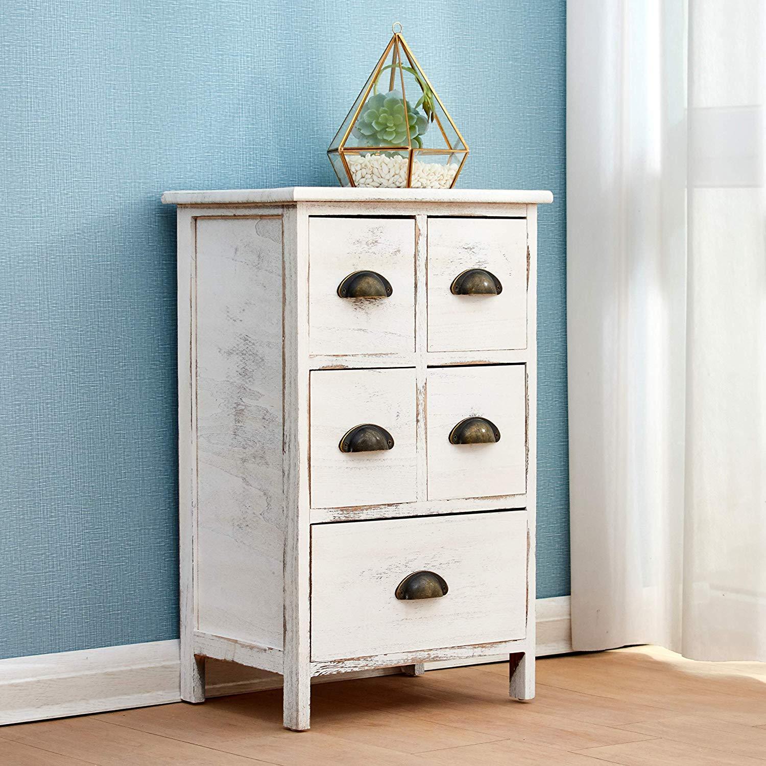 Distressed White Paulownia Wood Shabby Chic Cabinet 5 Drawers Chest