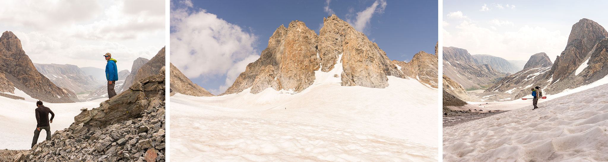 Collection of images showing the backpackers in the snow