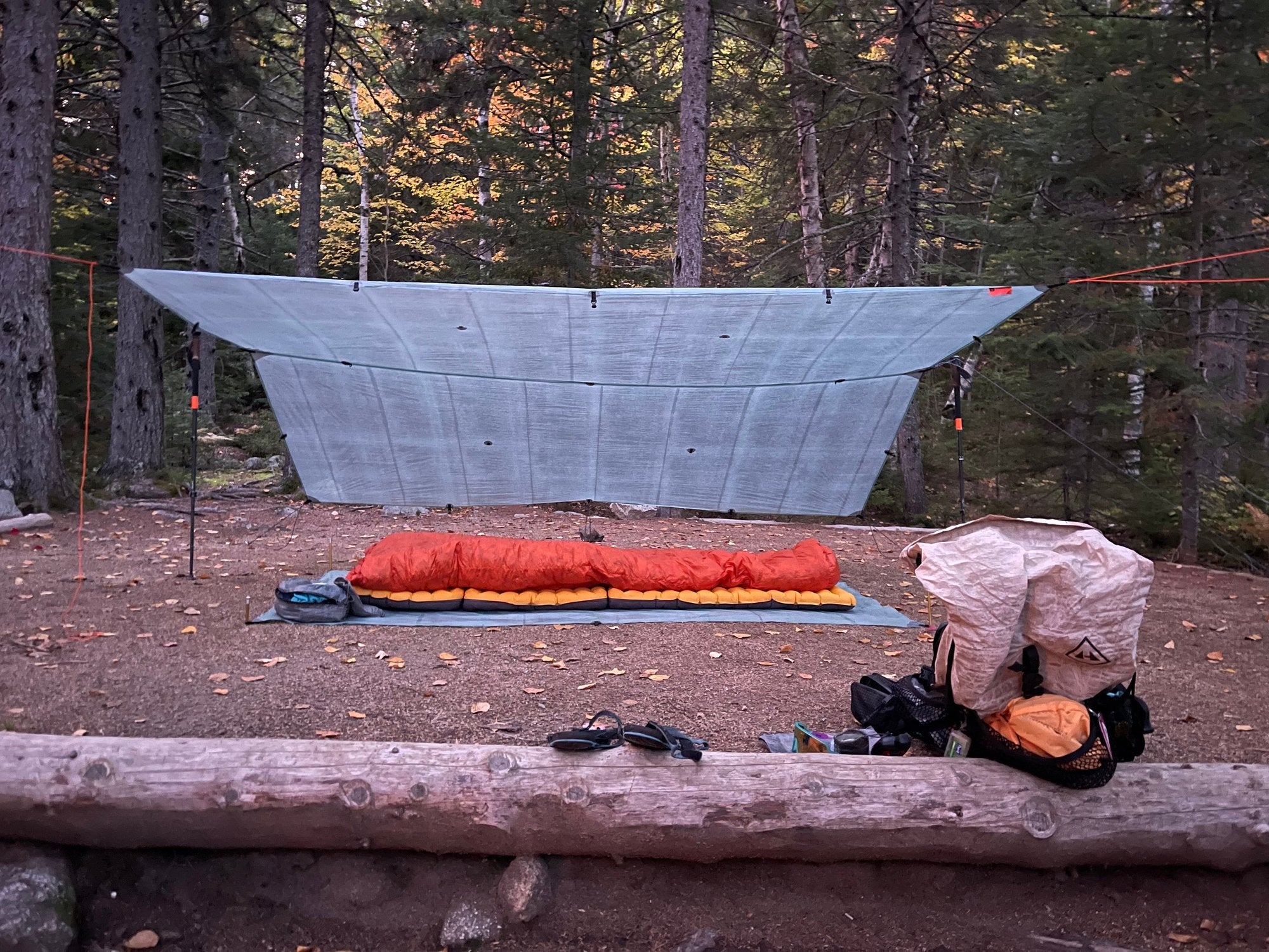 a sleeping bag under Hyperlite tarp camp