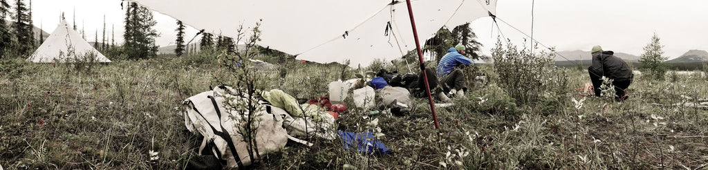 ultralight shelter set up in field 