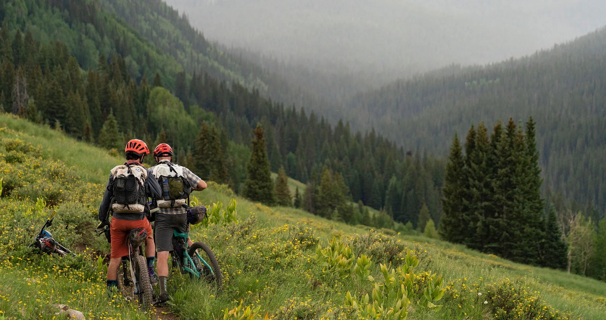 two bikepackers on bikes on a grassy mountainside