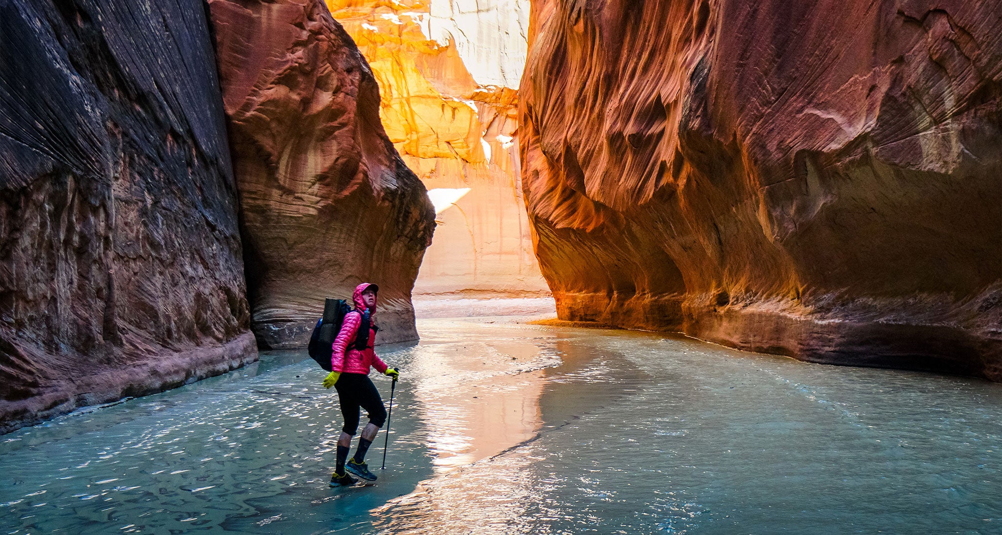 Hiking through red rock slot canyon