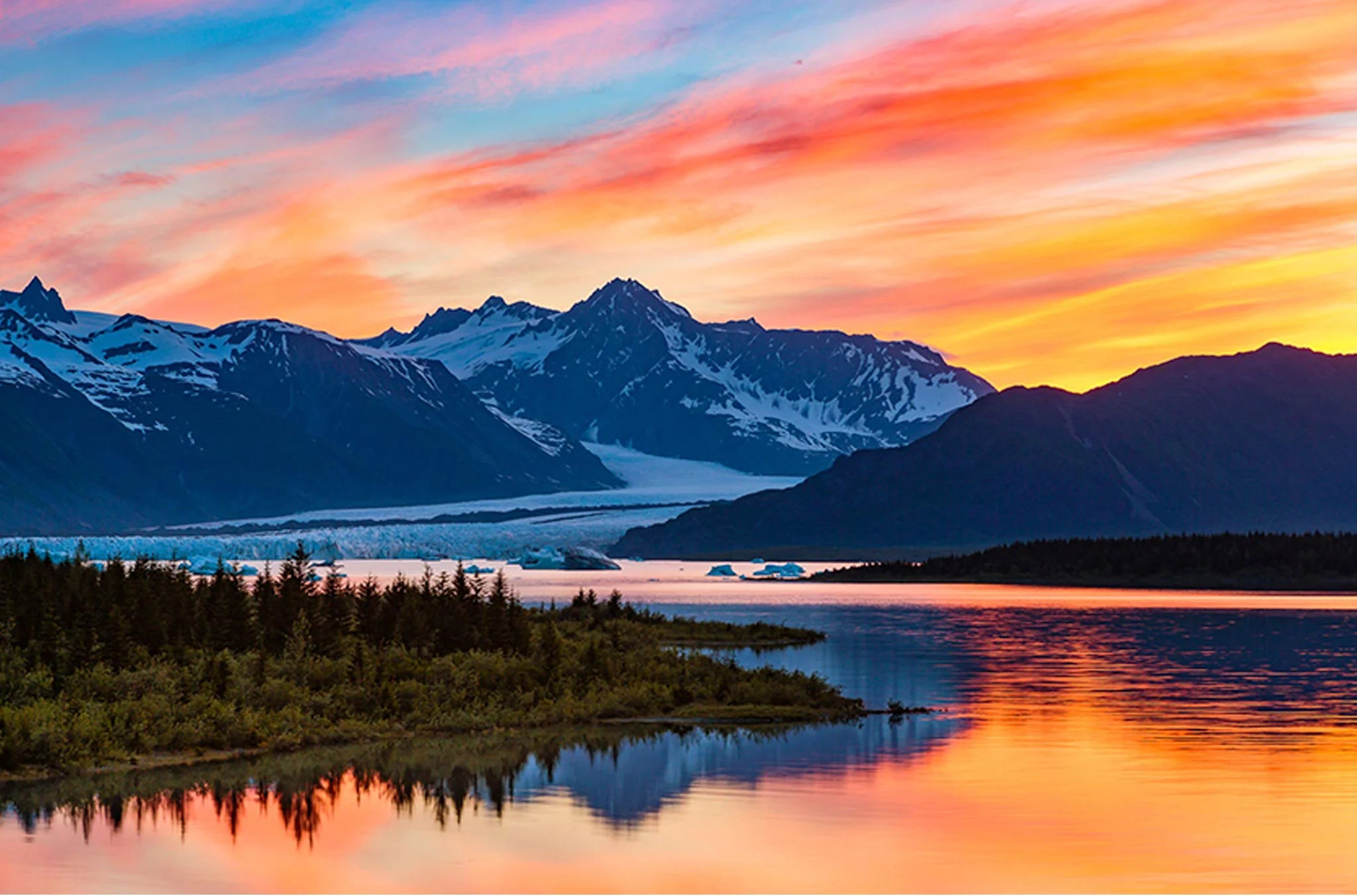 river in mountains at sunset