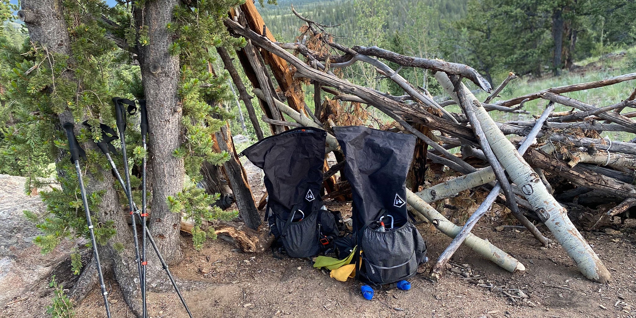 Ultralight packs in a makeshift lean to