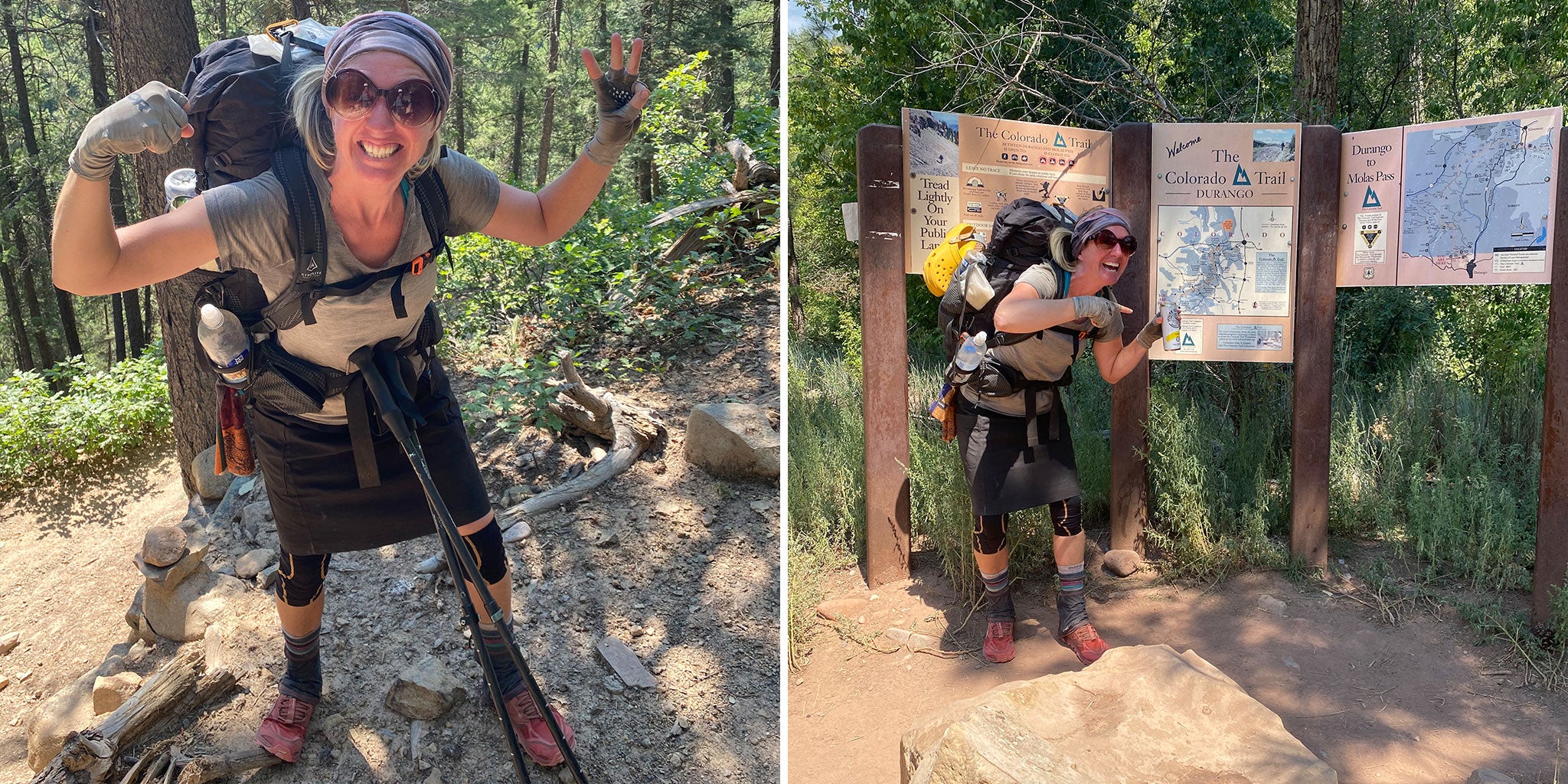 Enthusiastic hiker points towards signs and maps