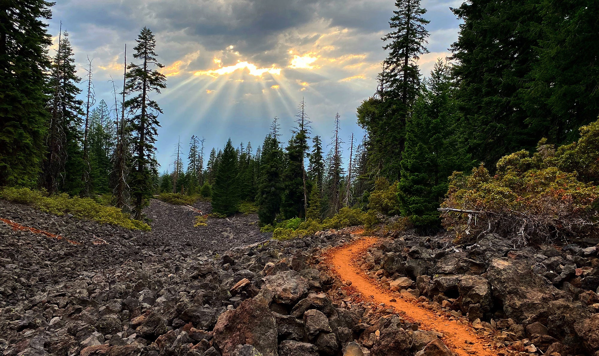 Sun pokes through the clouds over the trail