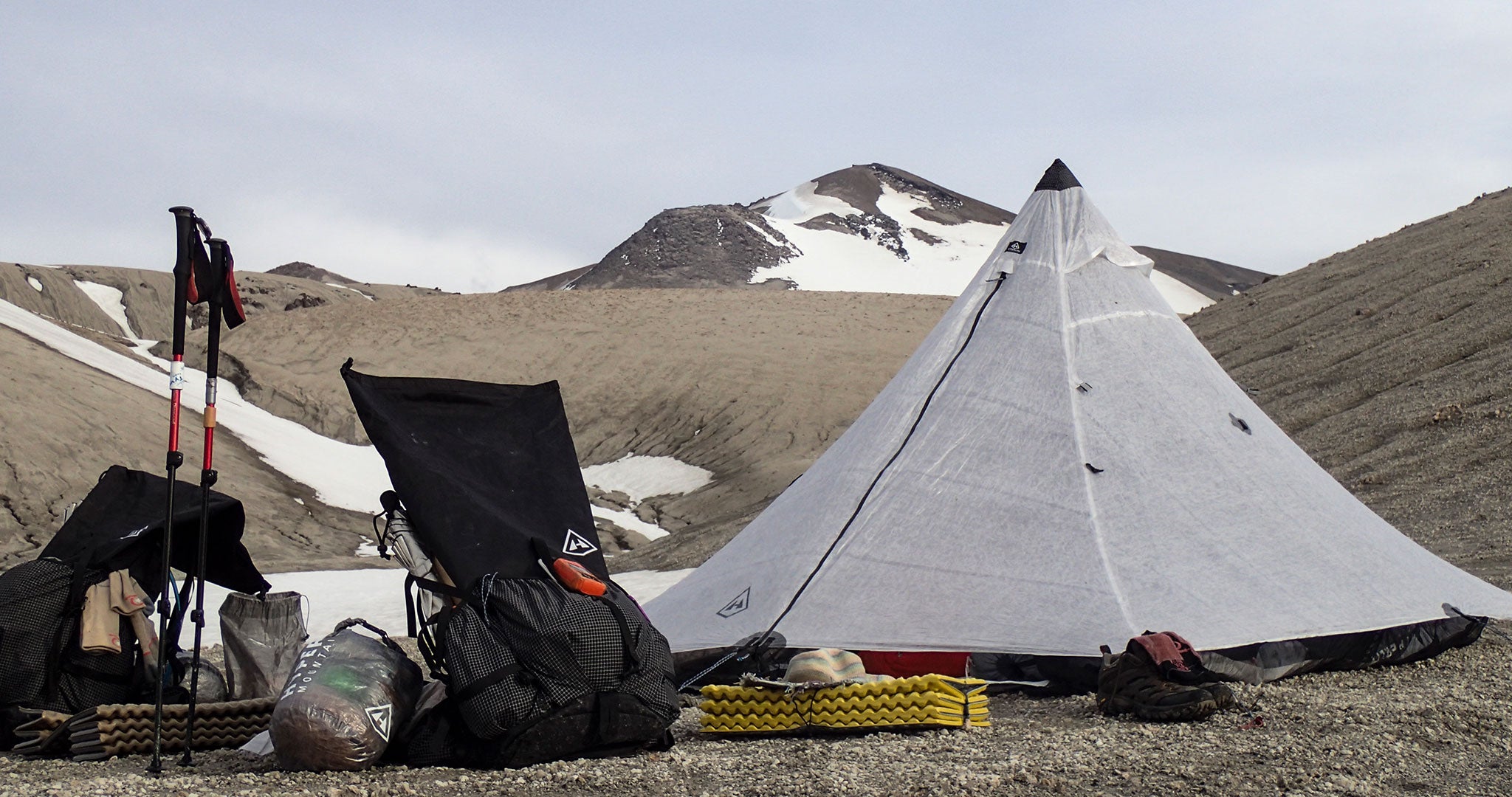 Ultralight tent set up in the mountains