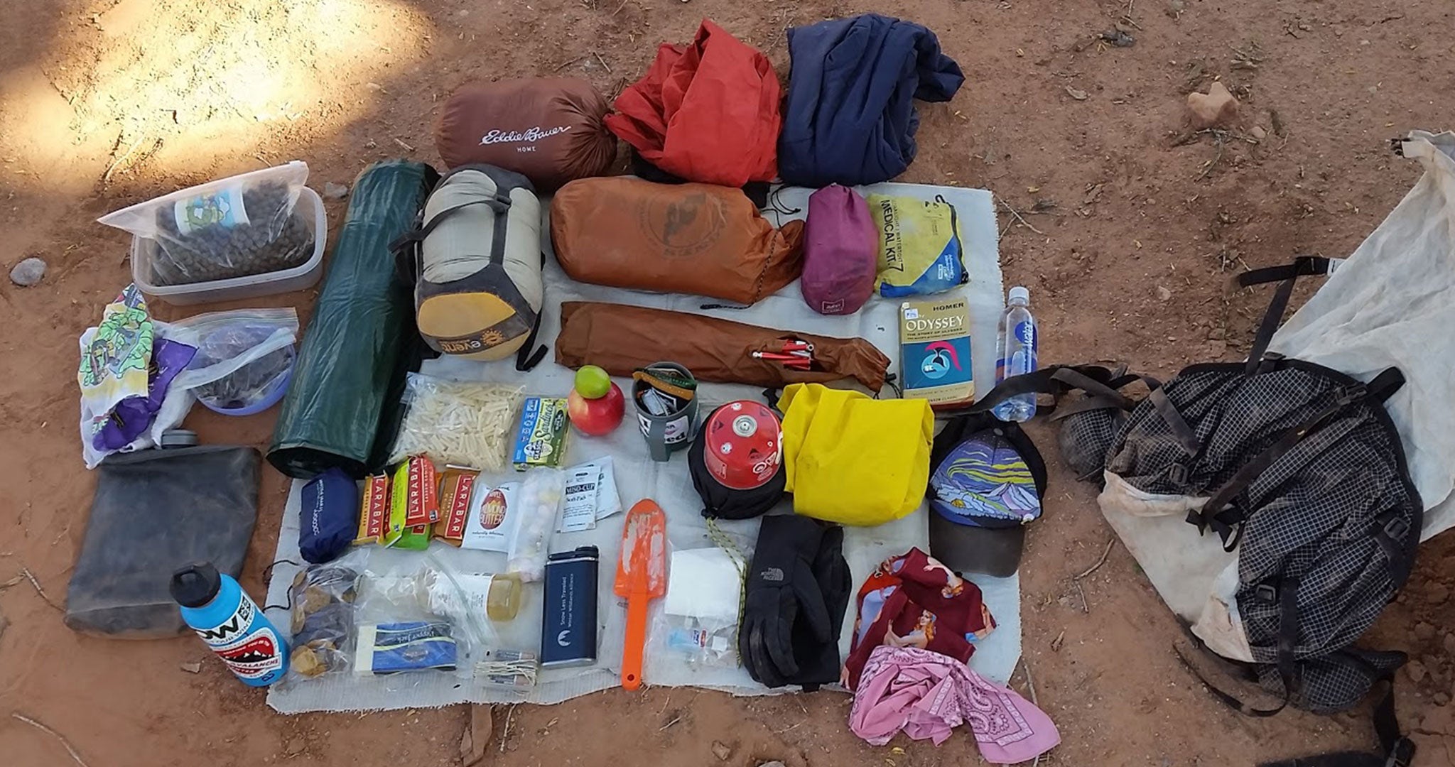 overhead shot of backpacking gear