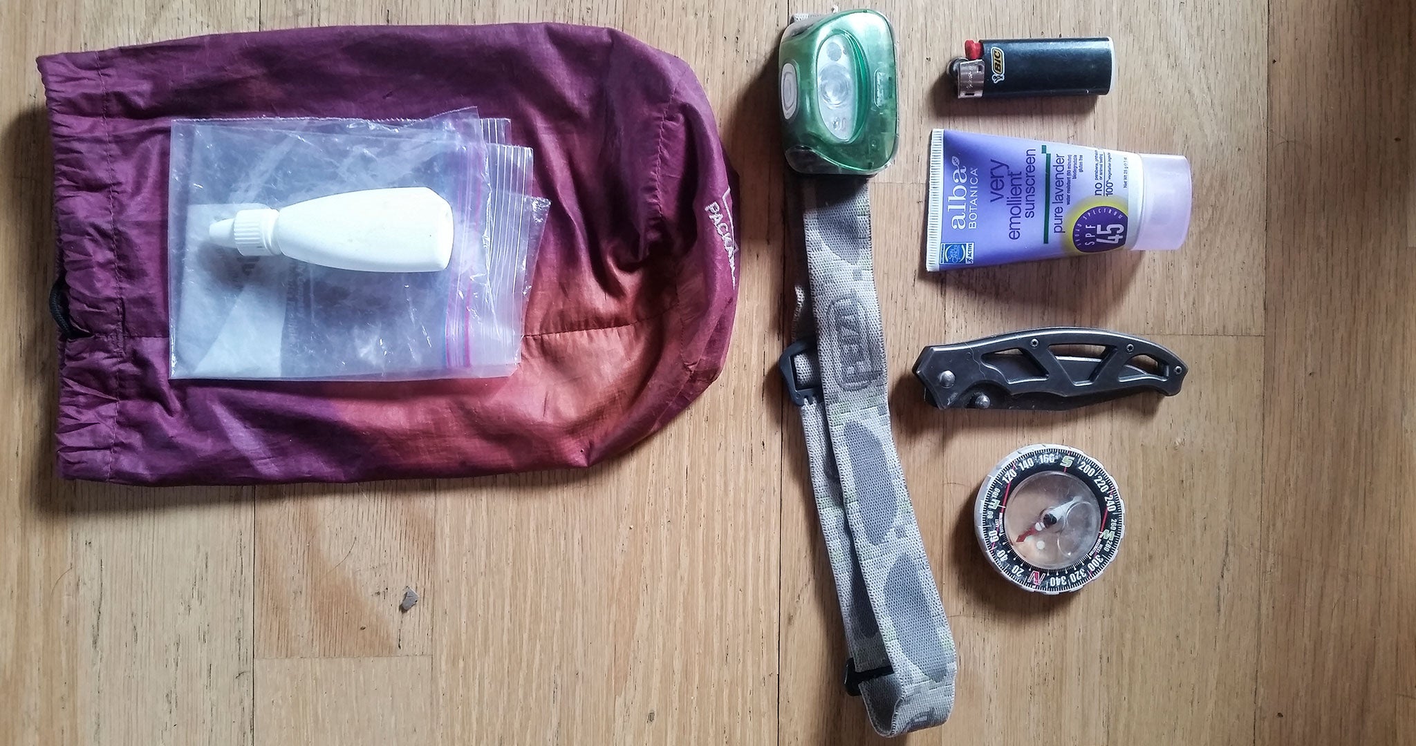 Overhead view of ultralight backpacking supplies
