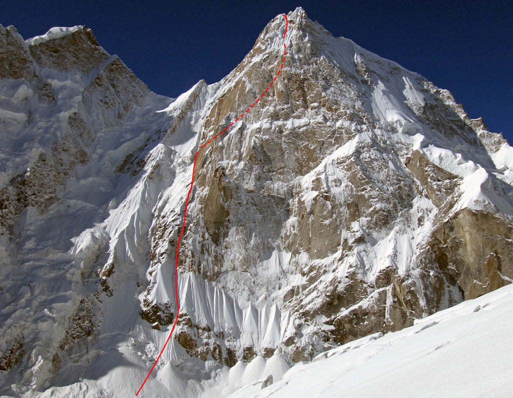 Snowy mountain with climbing route illustrated