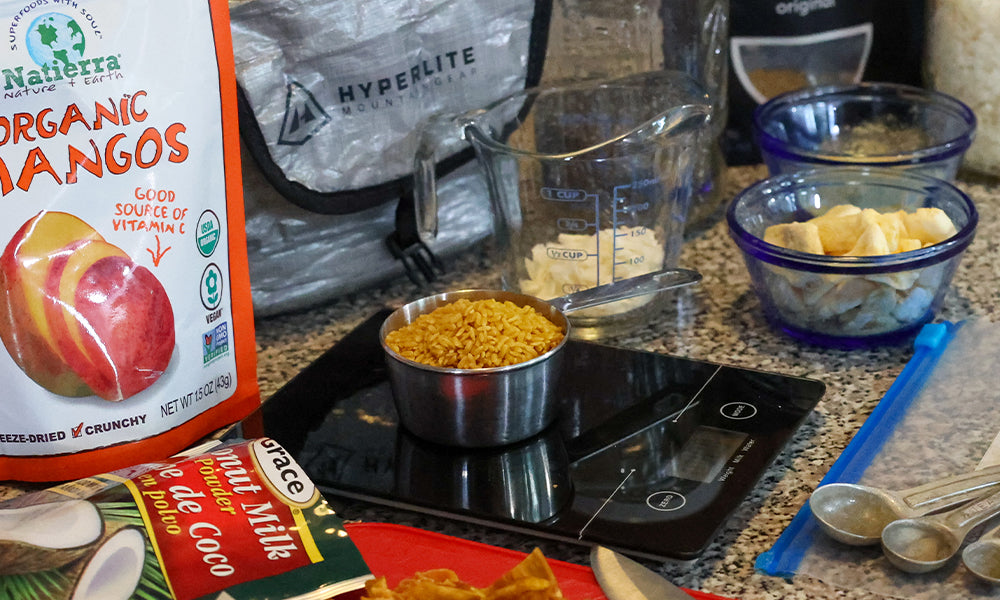 A scale weighing out ingredient for Mango Sticky Rice