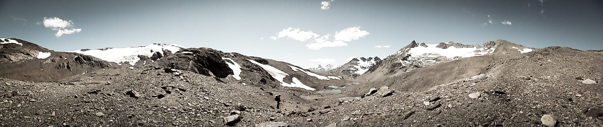 Panoramic view of ultralight backpacker on the trail