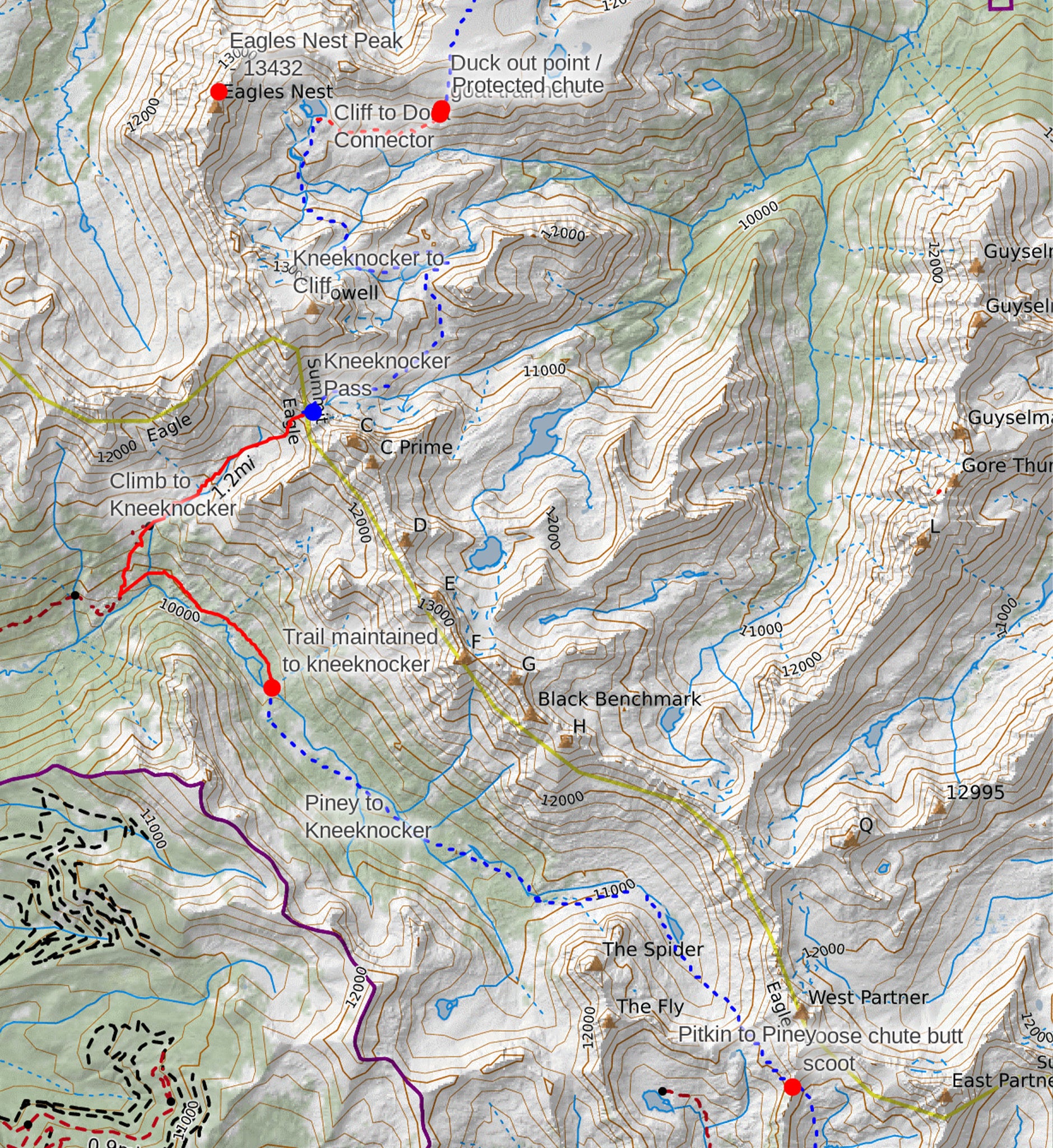 Topographic map of the route up Kneeknocker